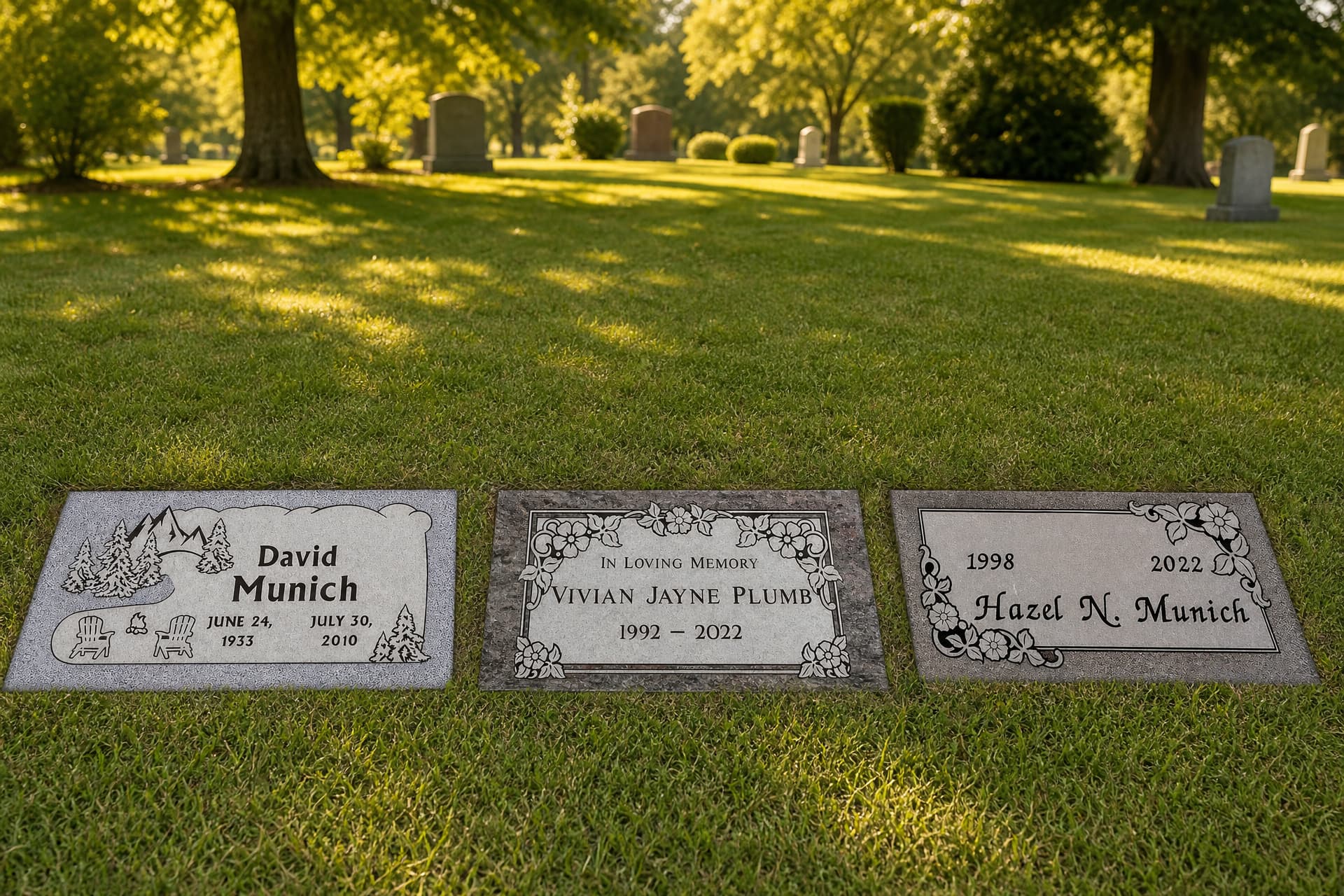 Three flat granite grave markers set level with a sunlit cemetery lawn, each carved with a name, dates and a different pictorial border