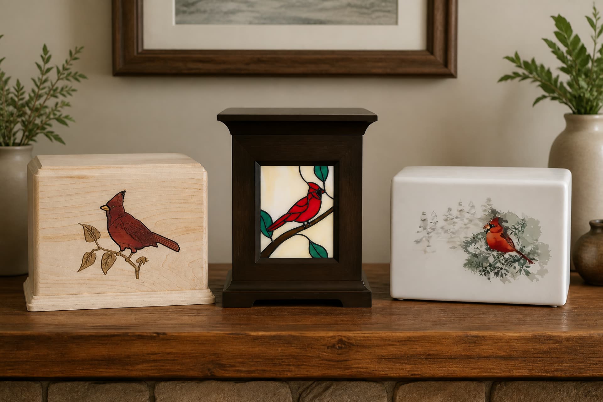 Three wooden cremation urns bearing cardinals, standing on a wooden mantel in soft indoor light โ one a pale maple box with the bird inlaid, one a dark cabinet framing a stained-glass cardinal panel, one a white urn printed with a cardinal in winter branches