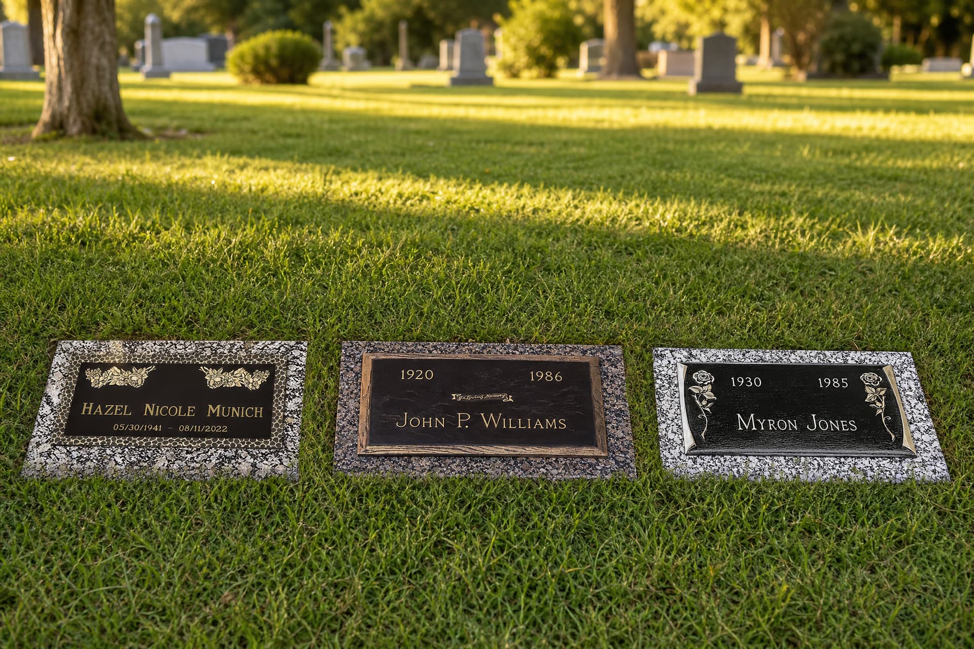 3 memorials shown set flush in a sunlit cemetery lawn