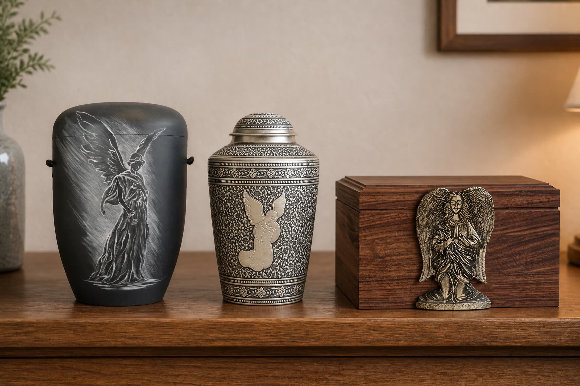 3 memorials shown standing together on a wooden shelf at home