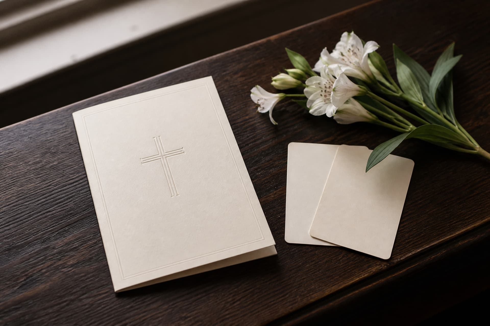 A folded order of service with a plain embossed cross on its cream cover lying on a dark wooden pew beside two blank memorial cards and a sprig of white flowers