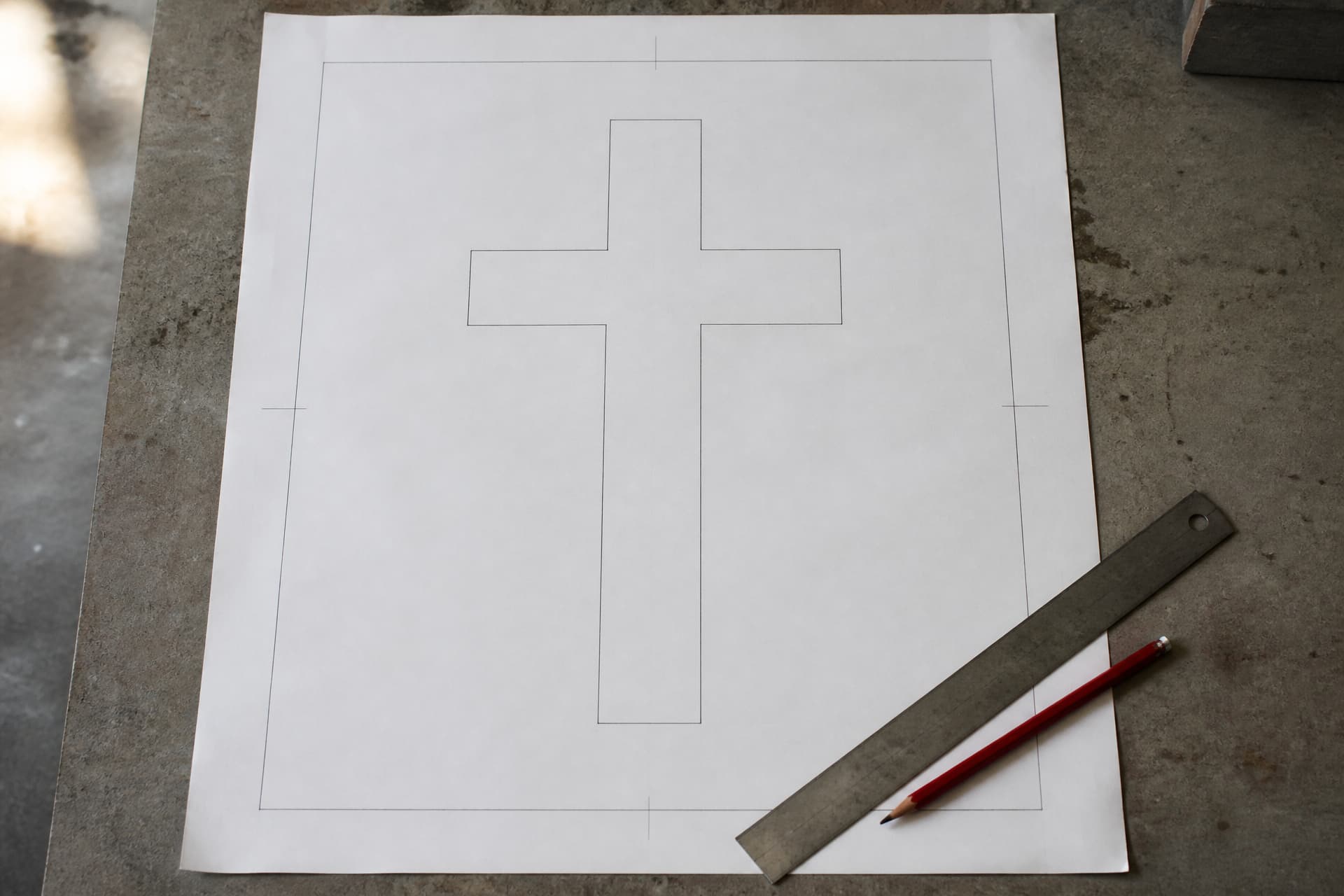 A full-size paper proof on a stone workshop bench showing the outline of a single plain Latin cross inside a thin border, with registration marks at the edges and a steel rule and red pencil across one corner