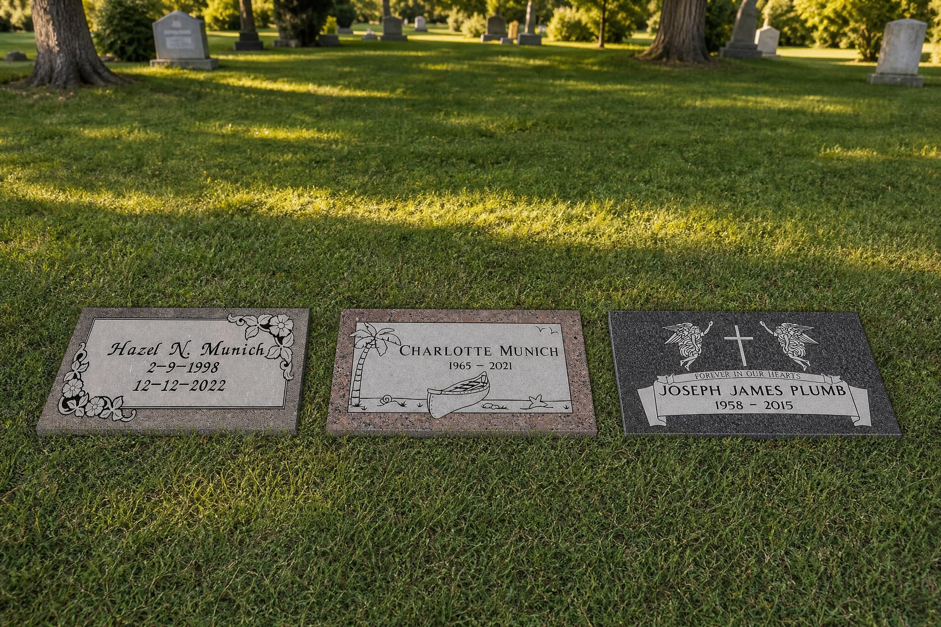 3 memorials shown set flush in a sunlit cemetery lawn