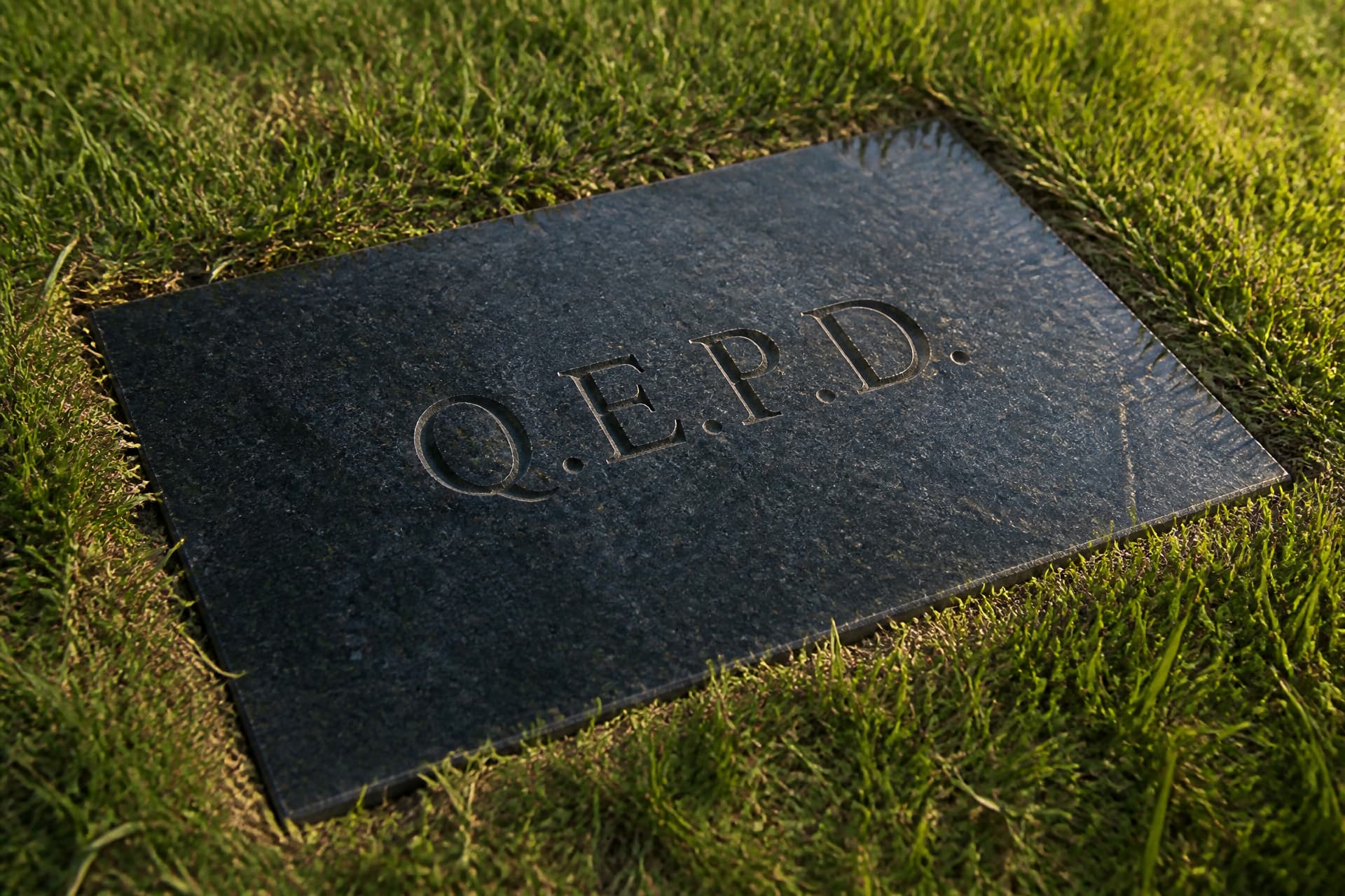 A dark polished granite flat grave marker set flush in mown grass, carved with a single centered line of serif capitals reading Q.E.P.D., raking afternoon light across the cut letters
