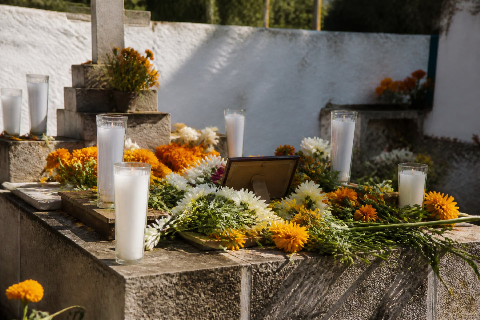 A grave in a sunlit Mexican cemetery dressed by the family with tall glass votive candles, orange marigolds and white chrysanthemums laid across the plot, a whitewashed wall behind
