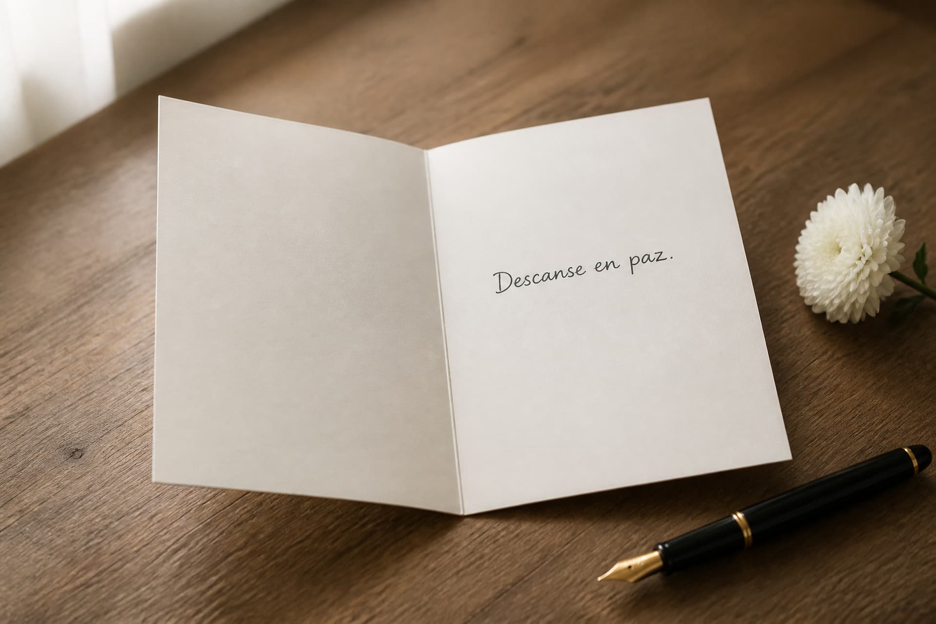 An open blank sympathy card standing on a wooden table beside a fountain pen and a single white chrysanthemum, one short handwritten line on the right-hand page reading Descanse en paz