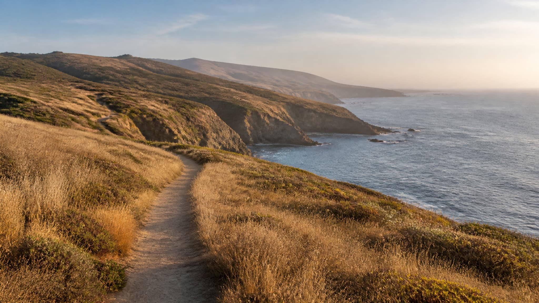 A California coastal bluff in soft late-afternoon light, dry golden grass and low scrub in the foreground, the Pacific visible below and to the right, with a narrow footpath running along the clifftop