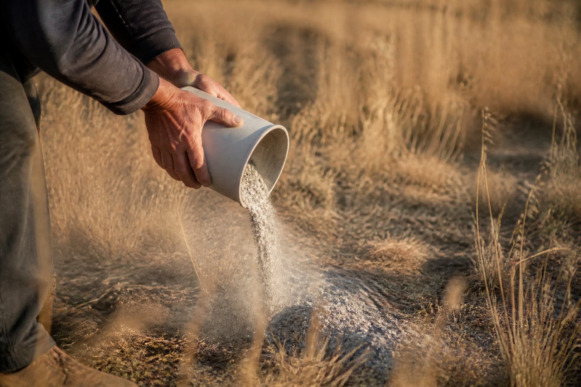 A pair of adult hands tilting a plain pale container low over dry golden California grassland, releasing a stream of coarse gray ash close to the ground rather than into the air, in warm low-angle late-afternoon light