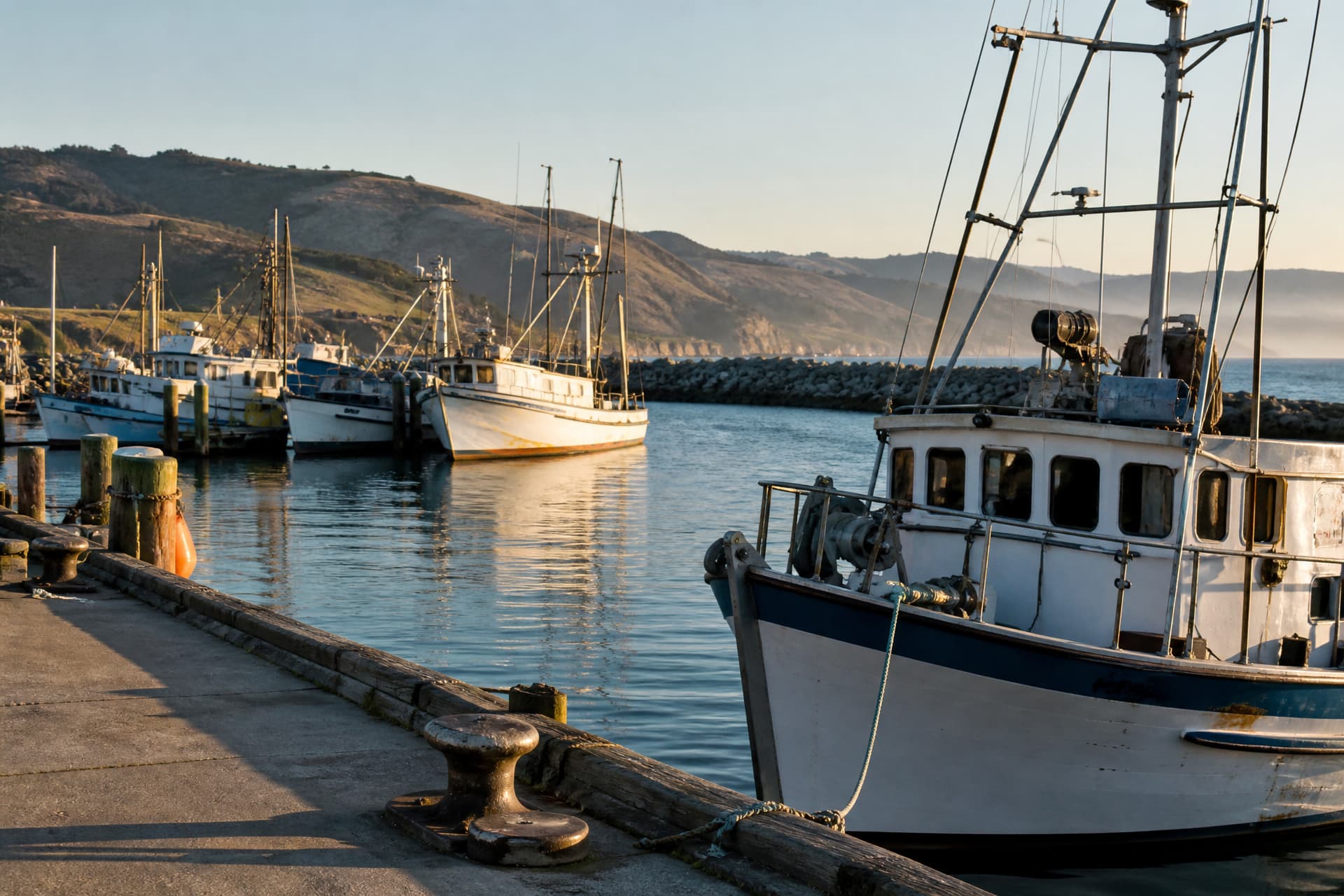 A small California harbor in early morning light with moored fishing and charter boats, a breakwater beyond and open Pacific visible past its end, coastal hills rising softly in the background
