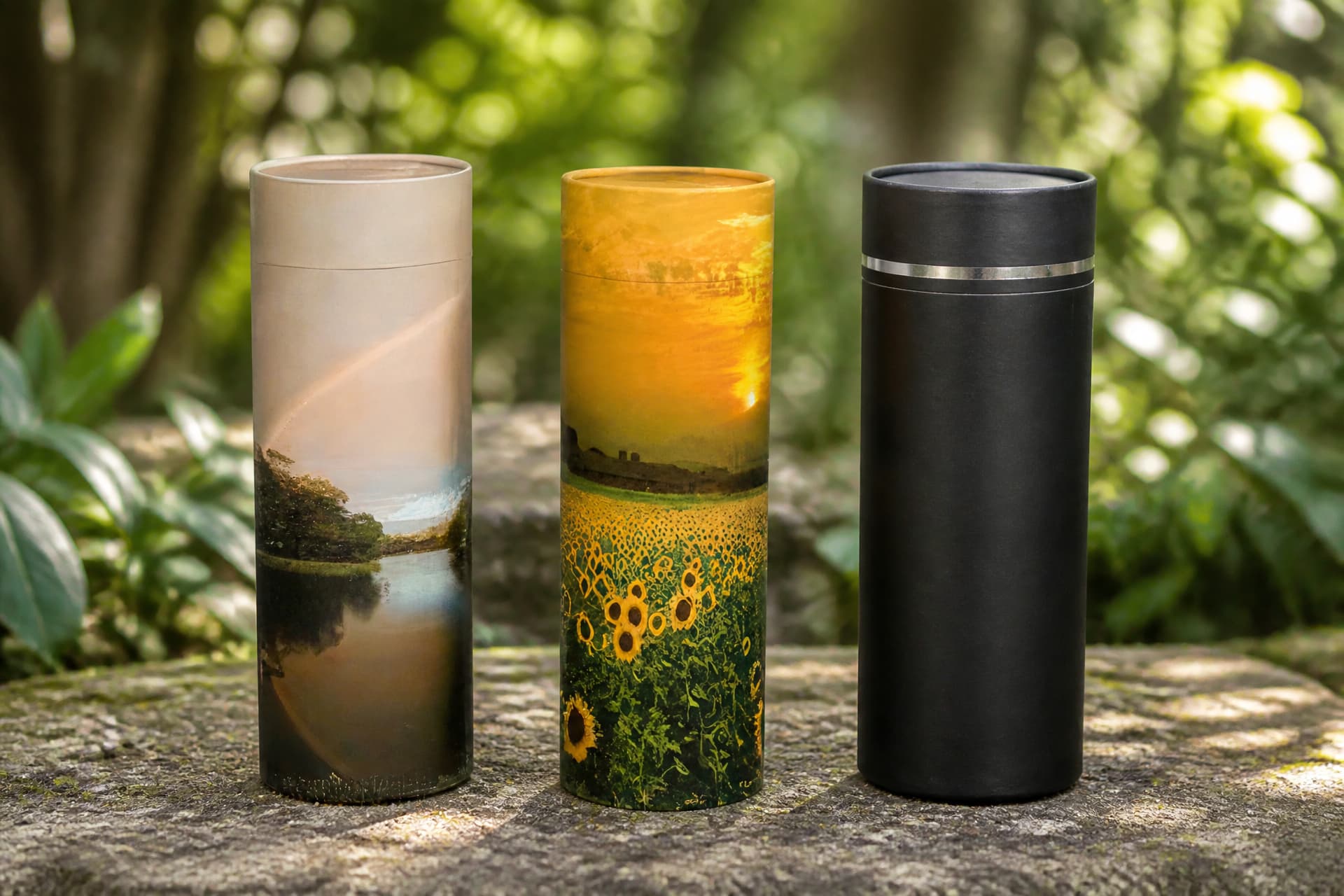 Three cylindrical scattering urns standing on a mossy stone ledge in a quiet green garden setting with dappled light through trees behind, printed with a lake scene, a sunflower field and a plain matte black finish