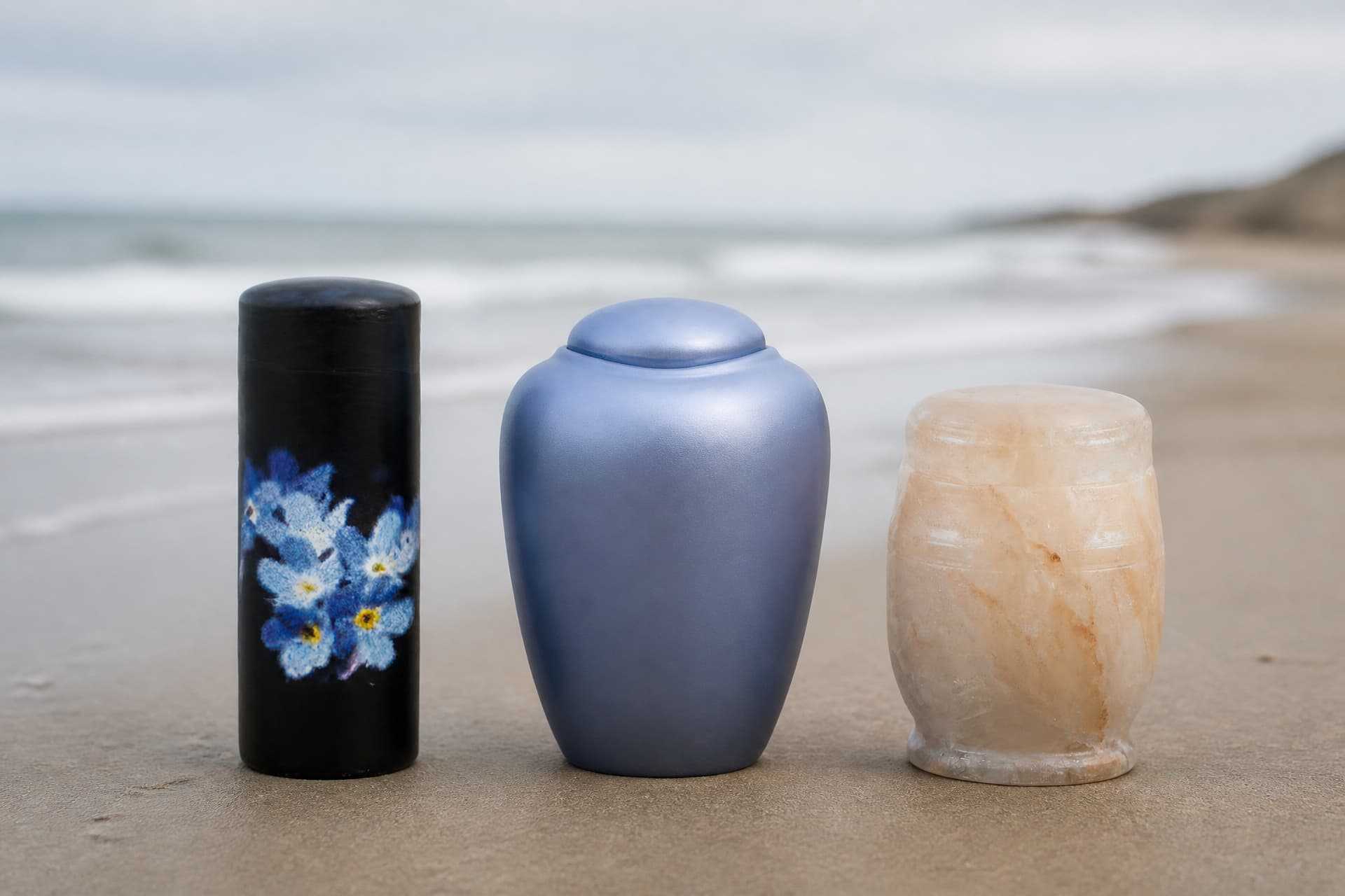 Three urns on firm damp sand at the water's edge โ a slim forget-me-not tube, a pearl-blue rounded vessel and a translucent rock-salt jar โ with gentle surf and a pale bluff behind in flat overcast light