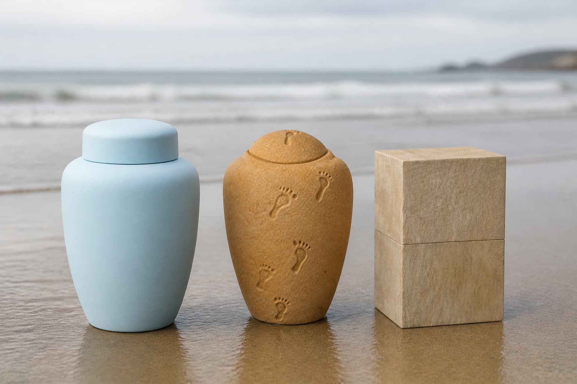 Three biodegradable urns standing on firm damp sand at the water's edge โ a pale blue vessel, a sand-colored urn pressed with footprints, and a squared wooden box โ with gentle surf and a headland behind in soft overcast light