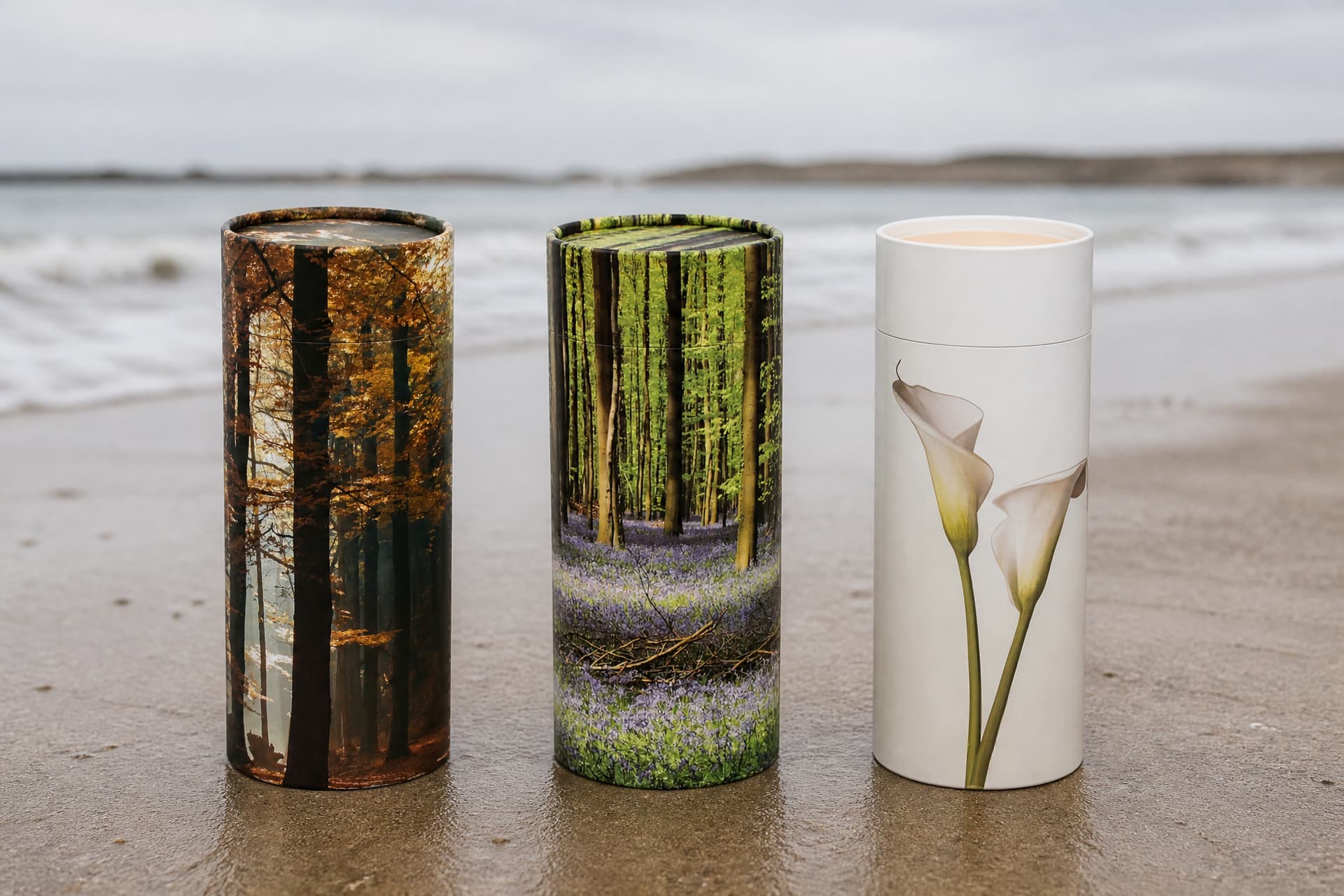 Three cylindrical scattering urns on firm damp sand at the shoreline, printed with an autumn wood, a bluebell wood and white calla lilies, the third with its lid lifted off, surf and a low shore behind in overcast light