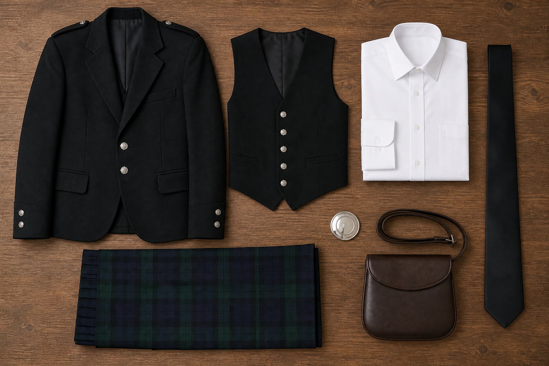 An Argyll jacket, black waistcoat, white shirt and black necktie laid flat on a wooden table beside a folded dark green and navy kilt, a round silver plaid brooch and a plain brown leather day sporran, shot from directly overhead