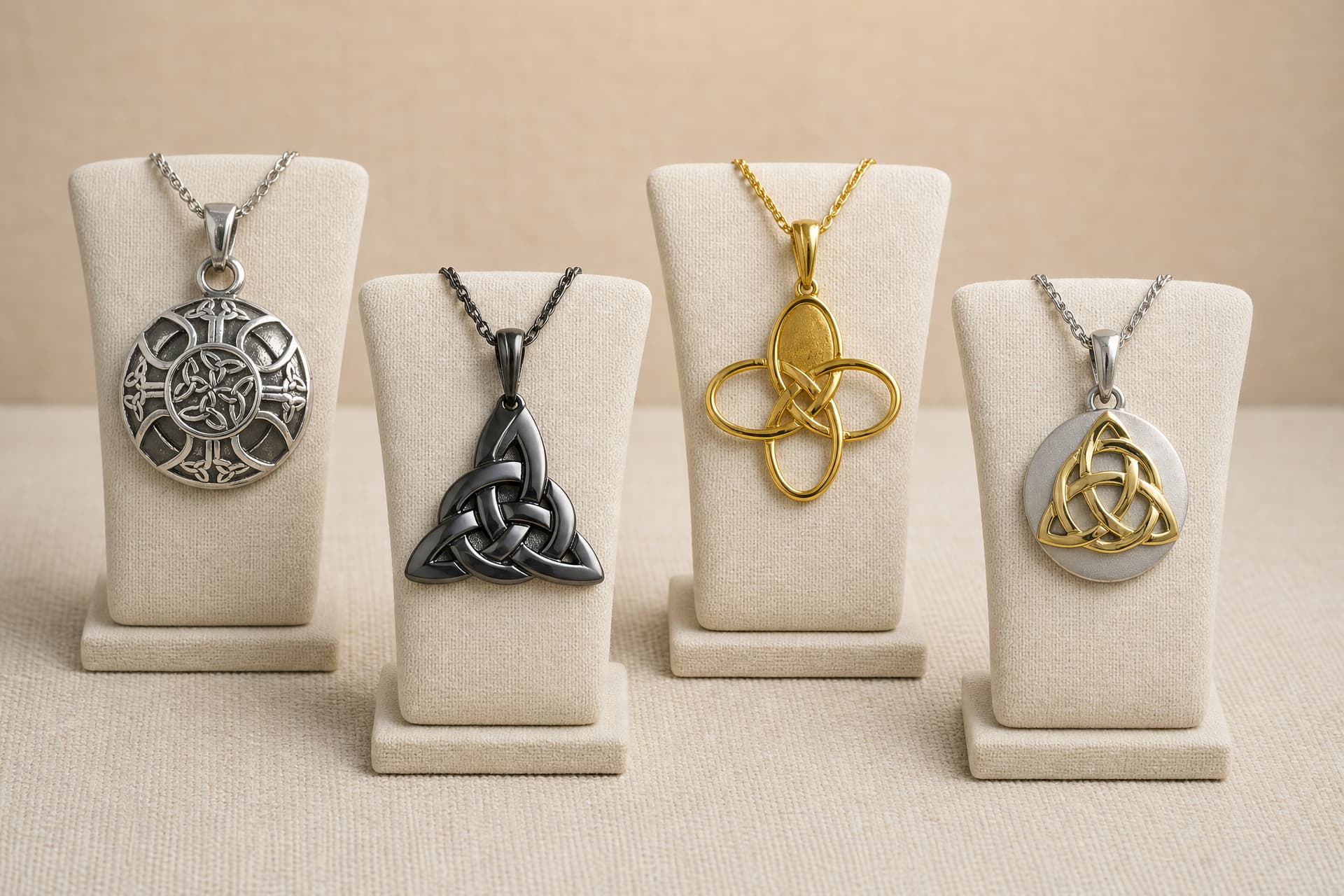 Four Celtic cremation pendants on separate display stands โ a silver disc carrying a ringed cross and knotwork, a gunmetal trinity knot, a gold oval with an interlaced knot, and a brushed silver disc with an applied gold triquetra