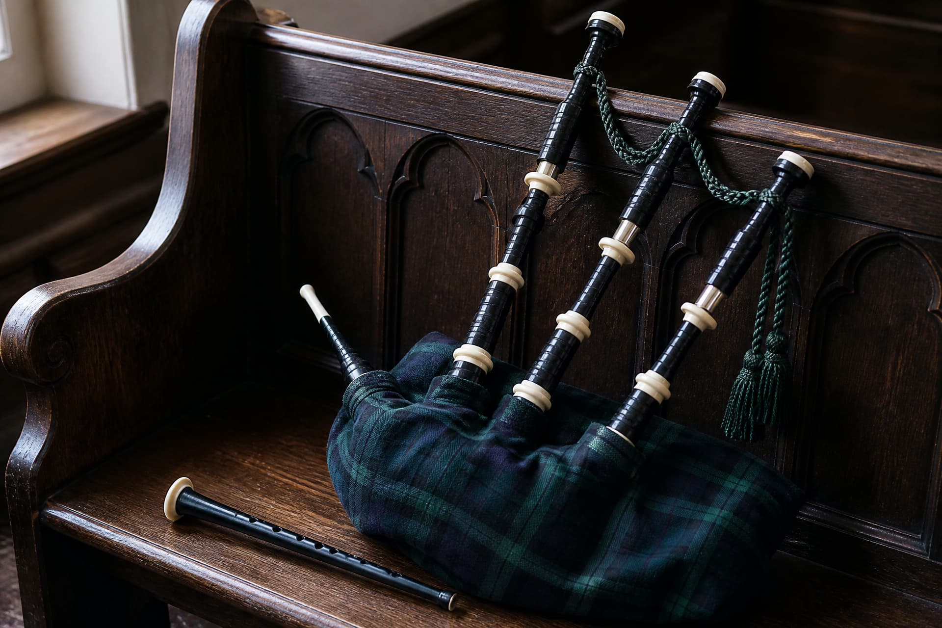 A set of Great Highland bagpipes resting on a dark wooden church pew, the tartan-covered bag on the seat, three black drones angled up over the seat back and the chanter lying alongside, in cool daylight from a window out of frame