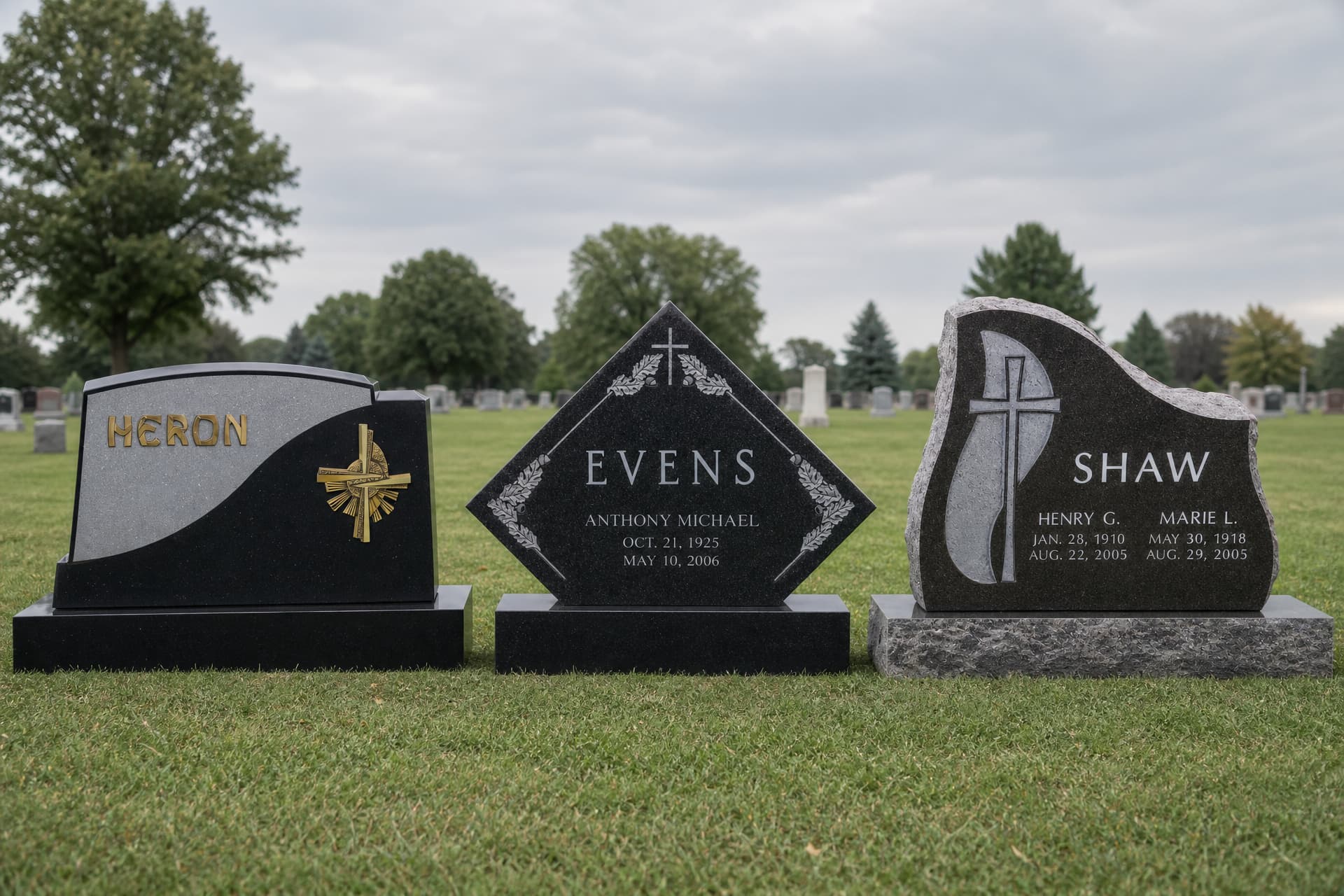Three upright granite companion memorials standing side by side on a cemetery lawn under overcast light โ a black stone with raised bronze lettering and a gold cross emblem, a black diamond-shaped stone edged with carved oak leaves, and a rough-edged stone cut with a cross and sail