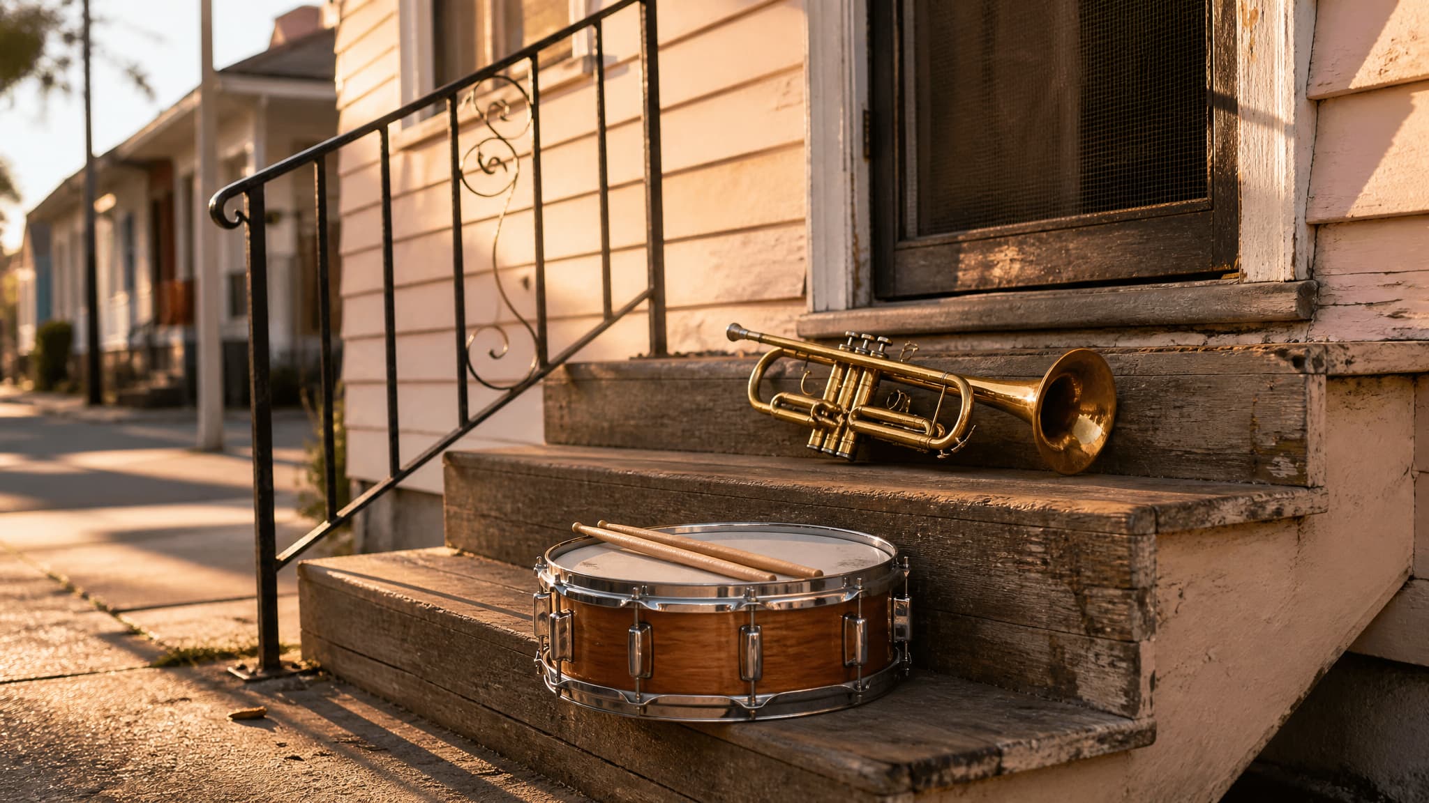 A brass trumpet and a snare drum resting on the wooden front steps of a New Orleans shotgun house in warm late afternoon light
