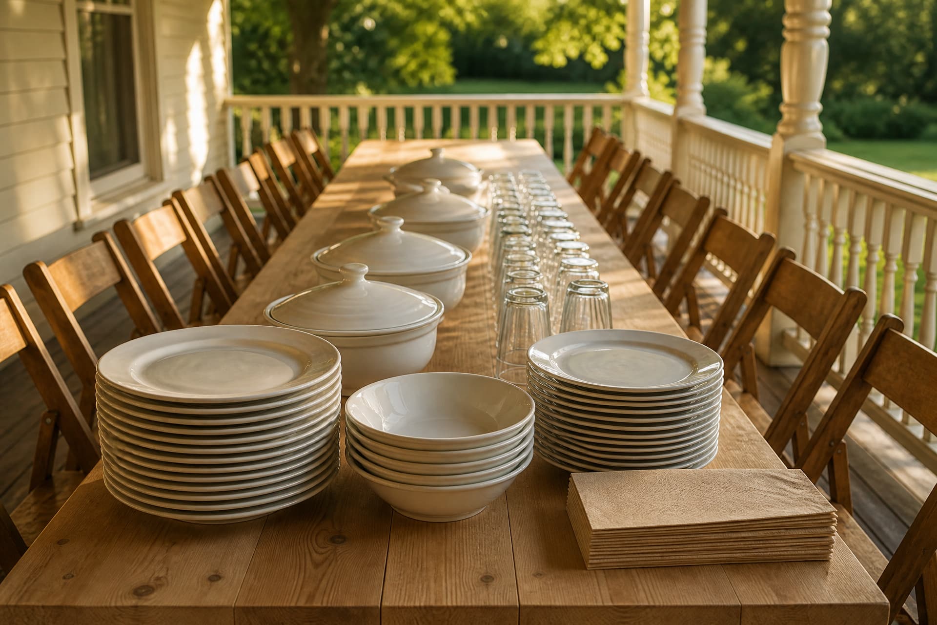 A long wooden table on a covered porch set with stacked plates, covered serving dishes and folding chairs, waiting in soft afternoon light