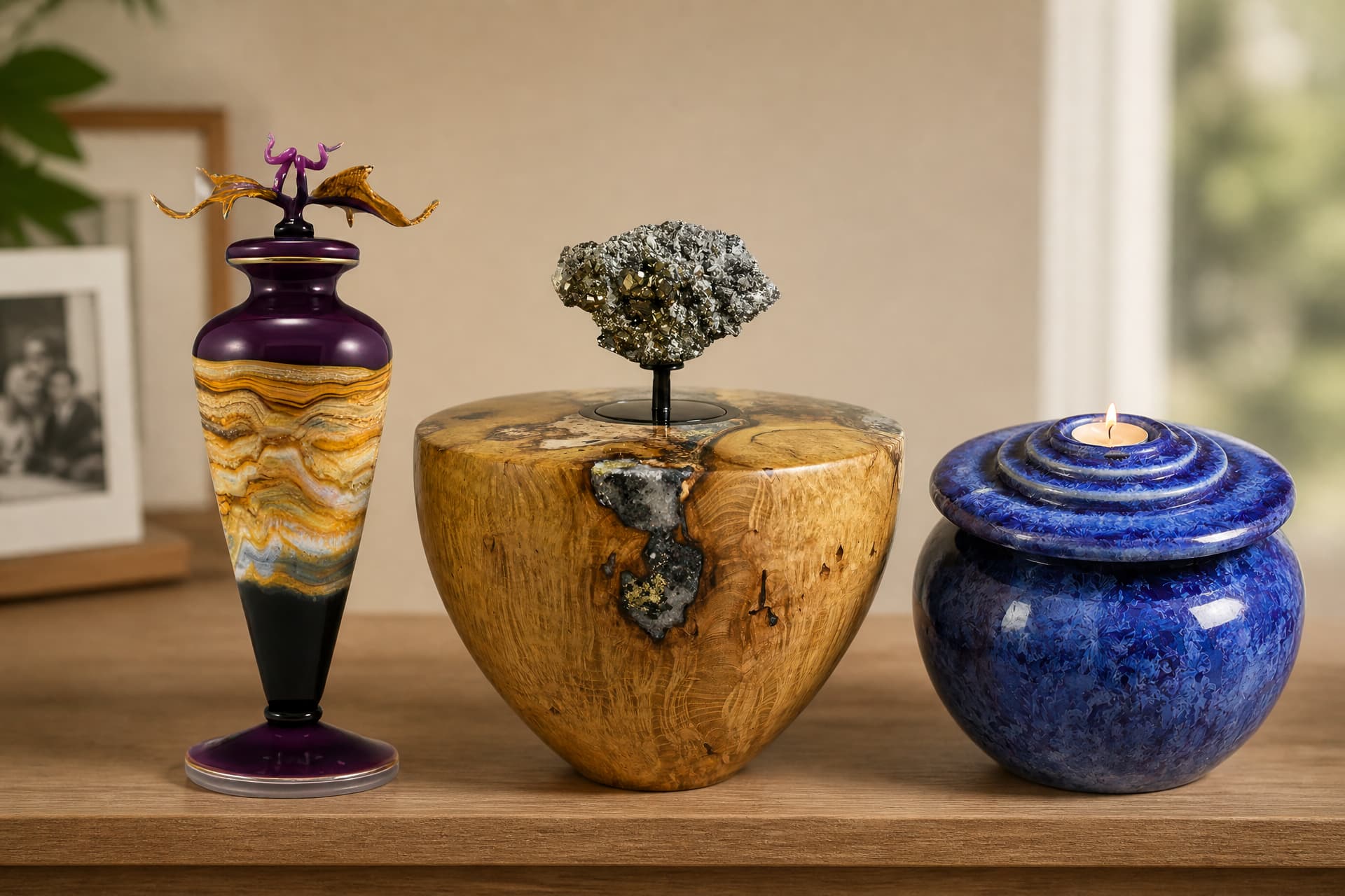 Three artistic cremation urns in blown glass, turned wood and blue glazed ceramic standing together on a wooden shelf in a softly lit room