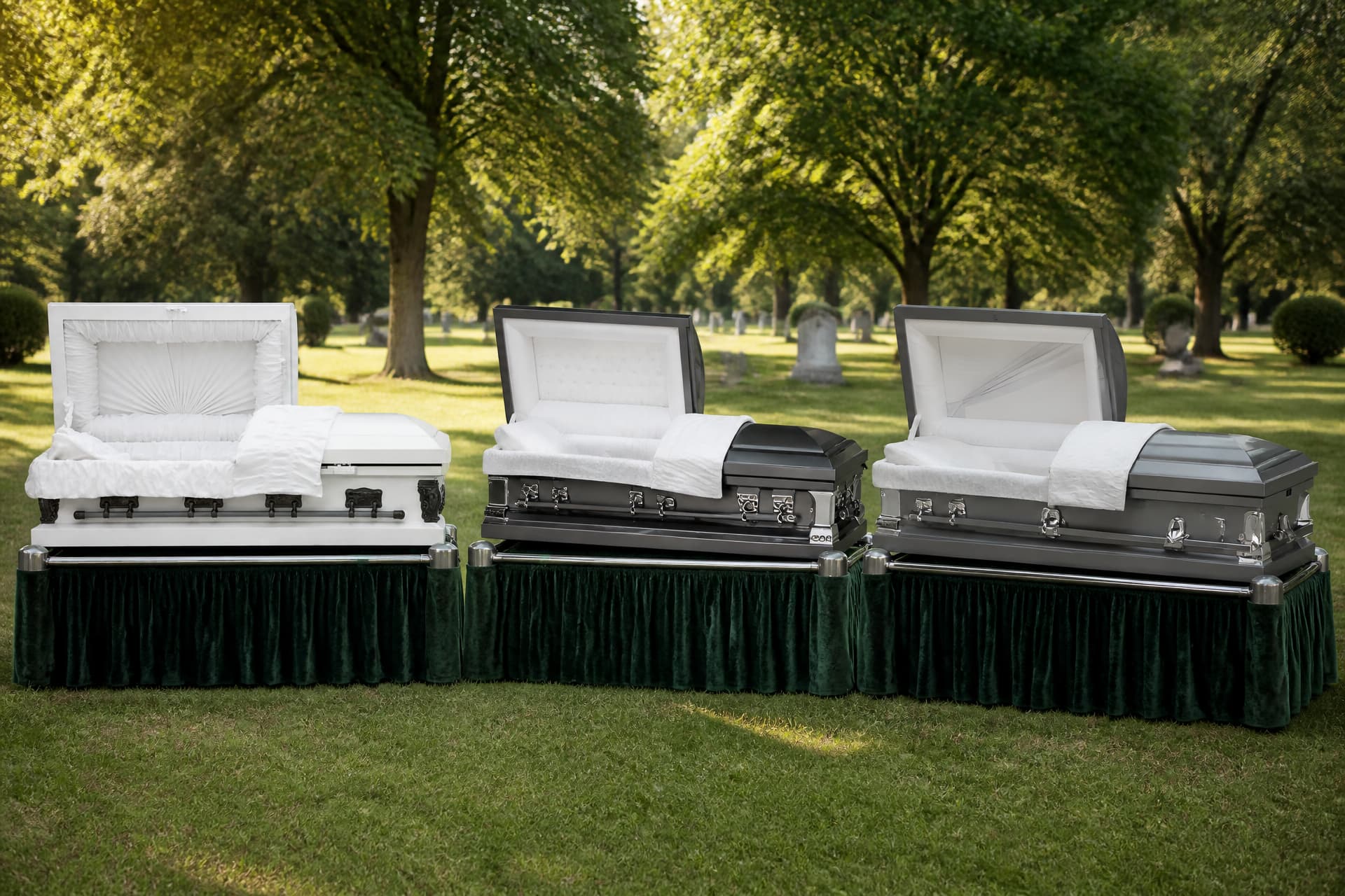 Three metal caskets, one white and two gray, open on green draped biers side by side on a sunlit cemetery lawn