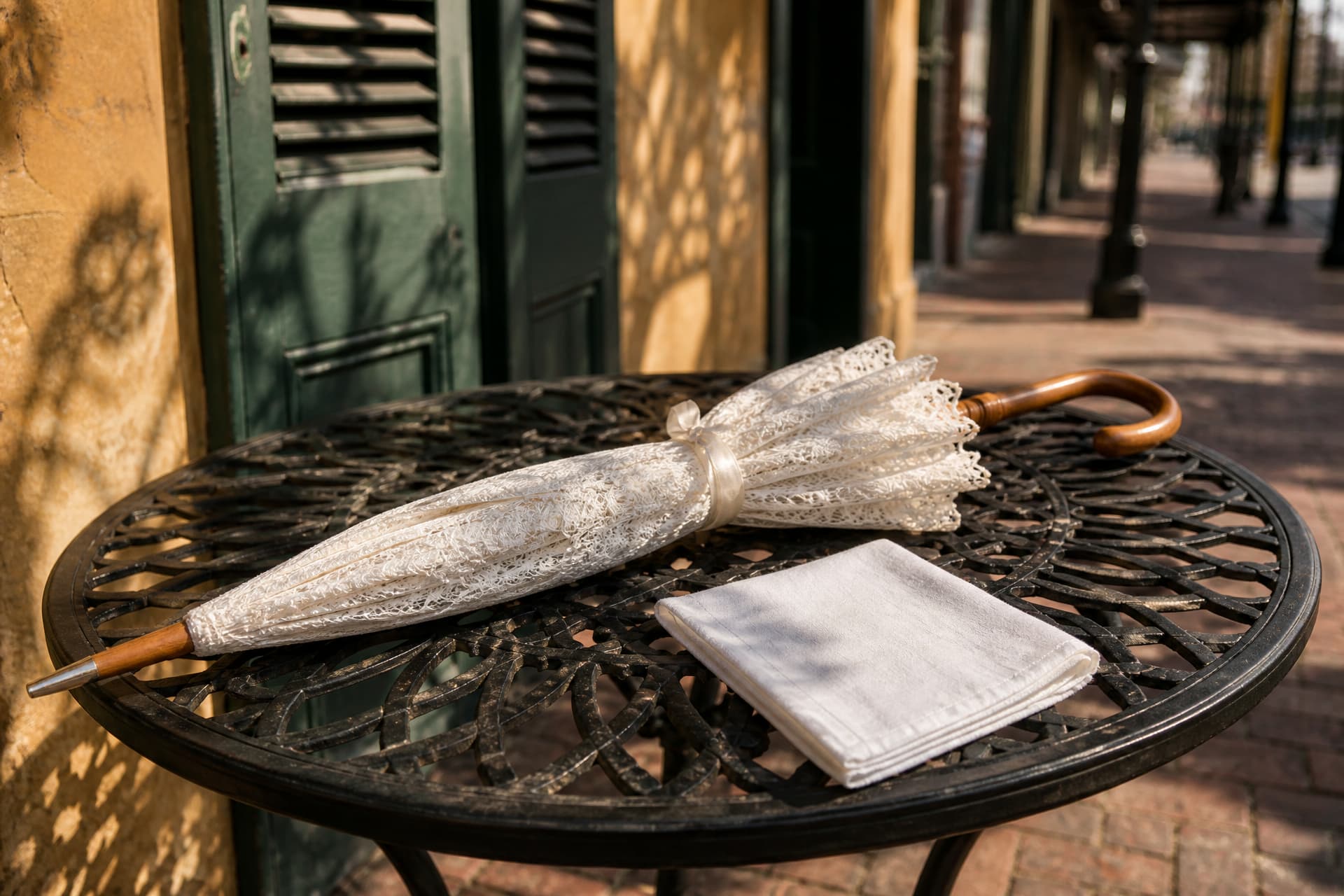 A white lace parasol and a folded white cotton handkerchief resting on a wrought iron cafe table in dappled afternoon light