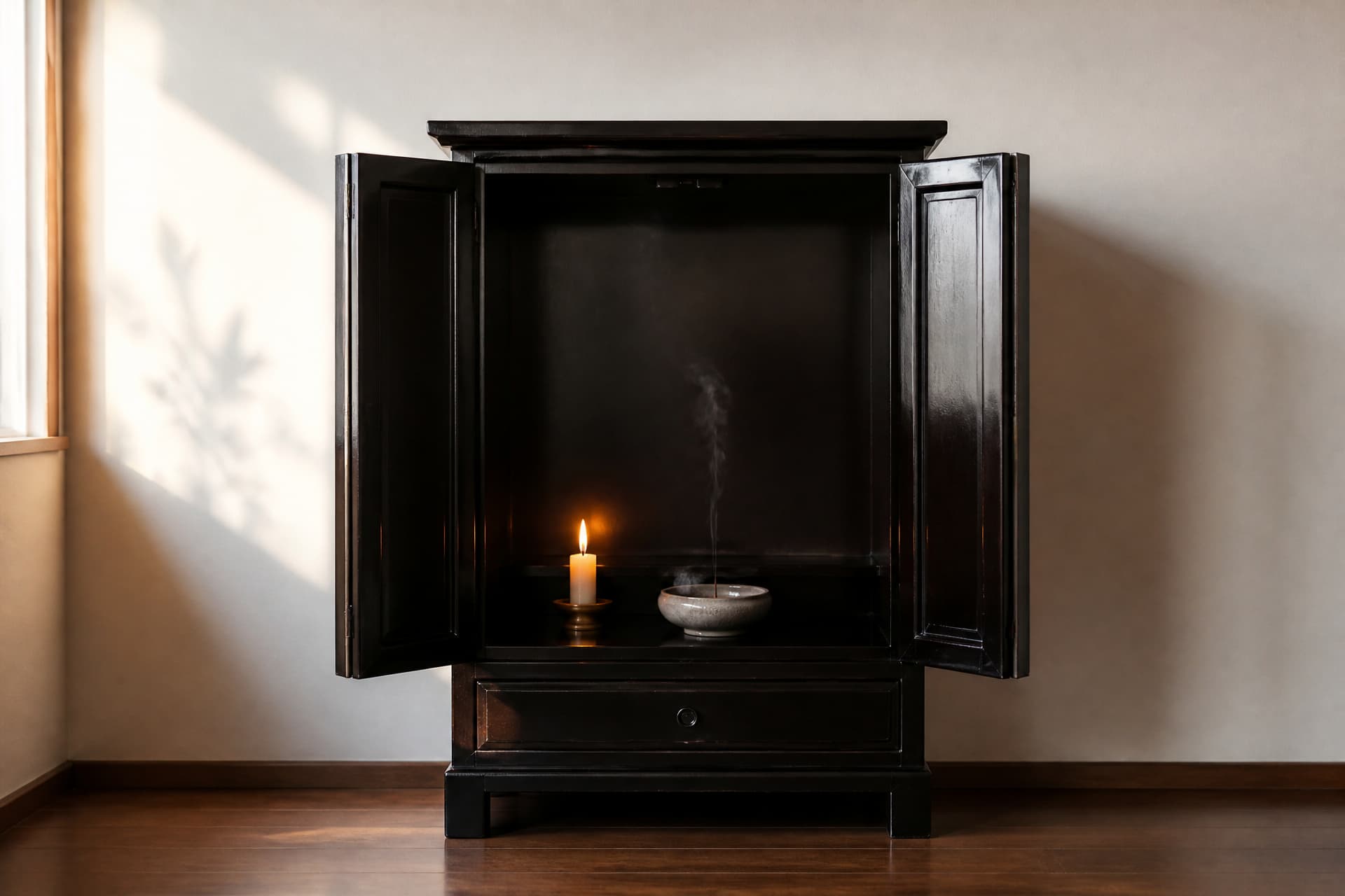 A small dark lacquered wooden home altar cabinet with its doors open against a plain wall in a quiet modern room, a single lit candle and a low bowl of incense ash on the lower shelf, thin smoke rising in late afternoon light
