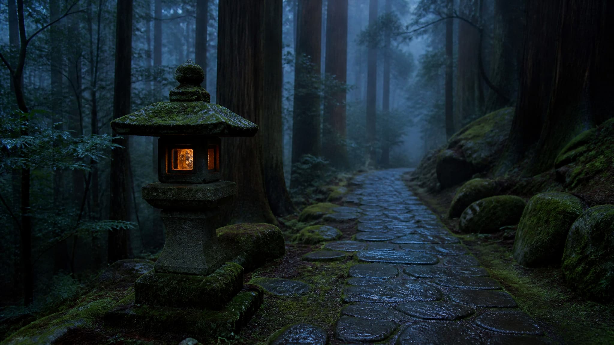 A weathered stone lantern beside a moss-covered stone path at dusk, fine rain on the stone, tall cedars fading into blue-gray mist behind it
