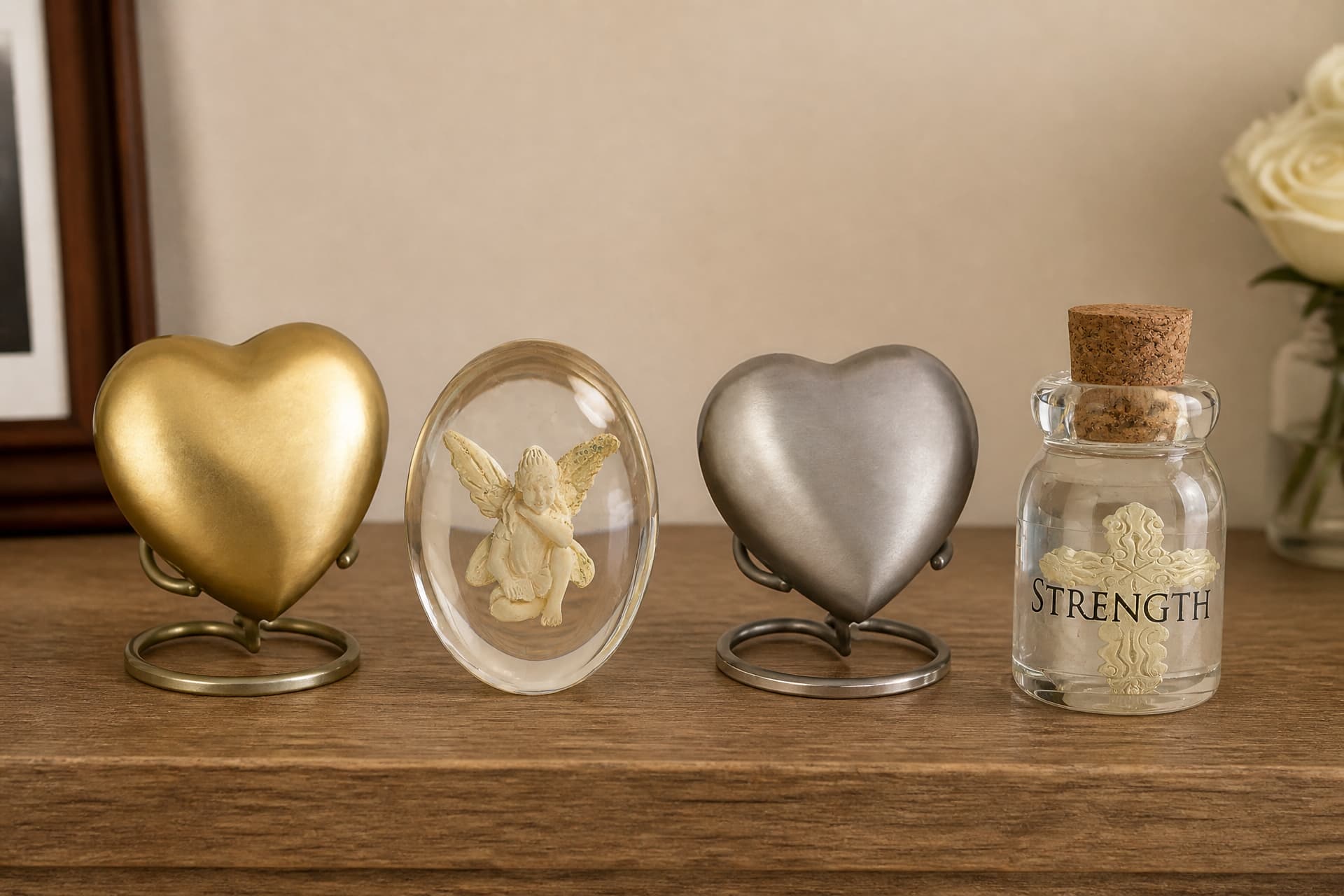 A brass heart keepsake urn on a stand, a clear oval fairy keepsake stone, a pewter heart keepsake urn on a stand and a small corked glass bottle charm arranged on a wooden shelf