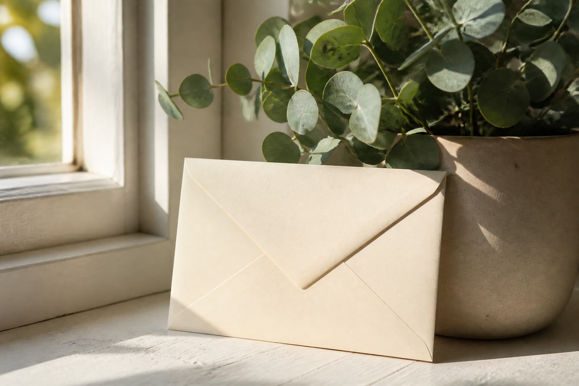 A sealed card propped against a small potted plant on a windowsill