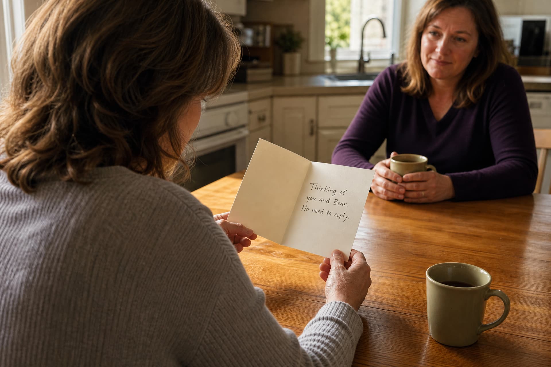 Seen over her shoulder, a woman at a kitchen table reads an open sympathy card while a friend sits across from her