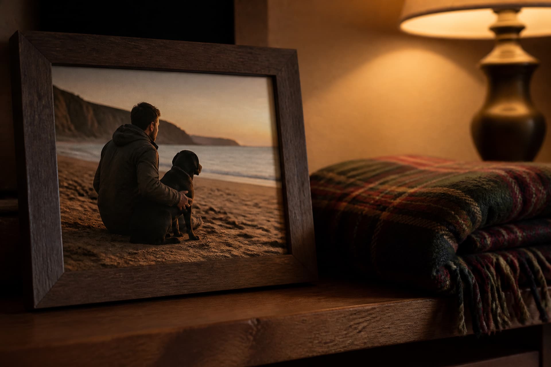 A framed photograph of a man and a black labrador on a shelf beside a folded blanket
