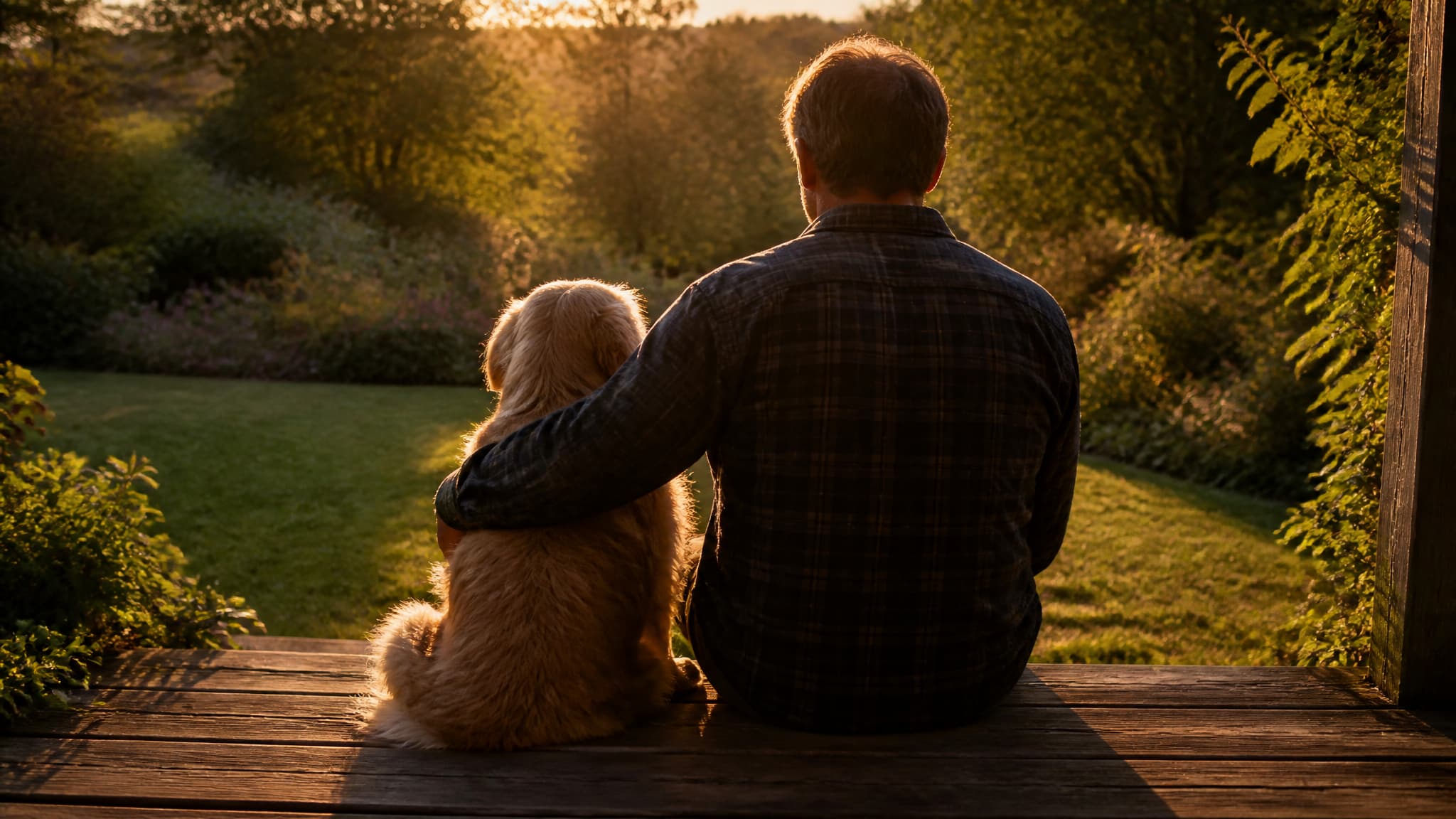 A person and an old dog sitting together on a back step at golden hour, seen from behind