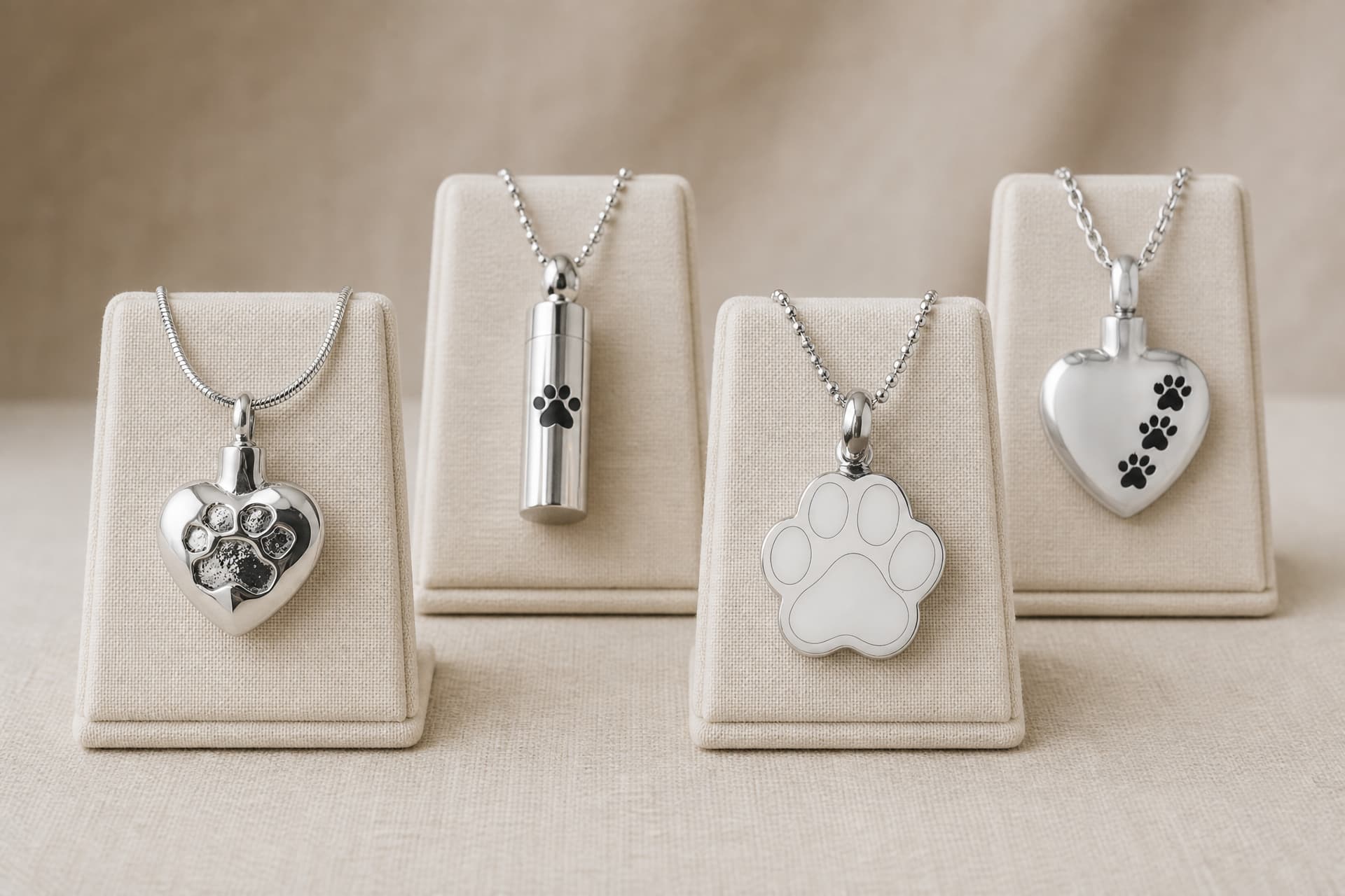 Pet memorial pendants and necklaces arranged on a dark surface