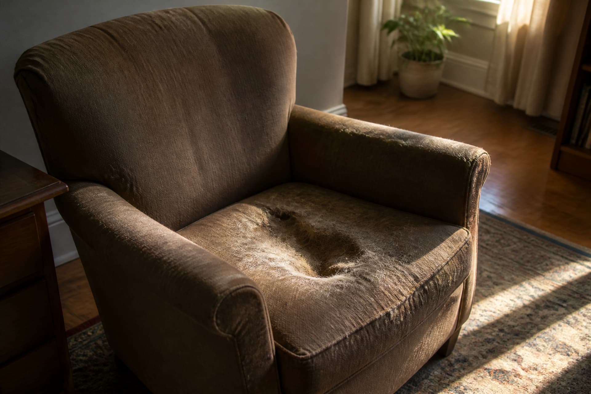 A worn armchair with a dog-shaped dent pressed into the seat cushion