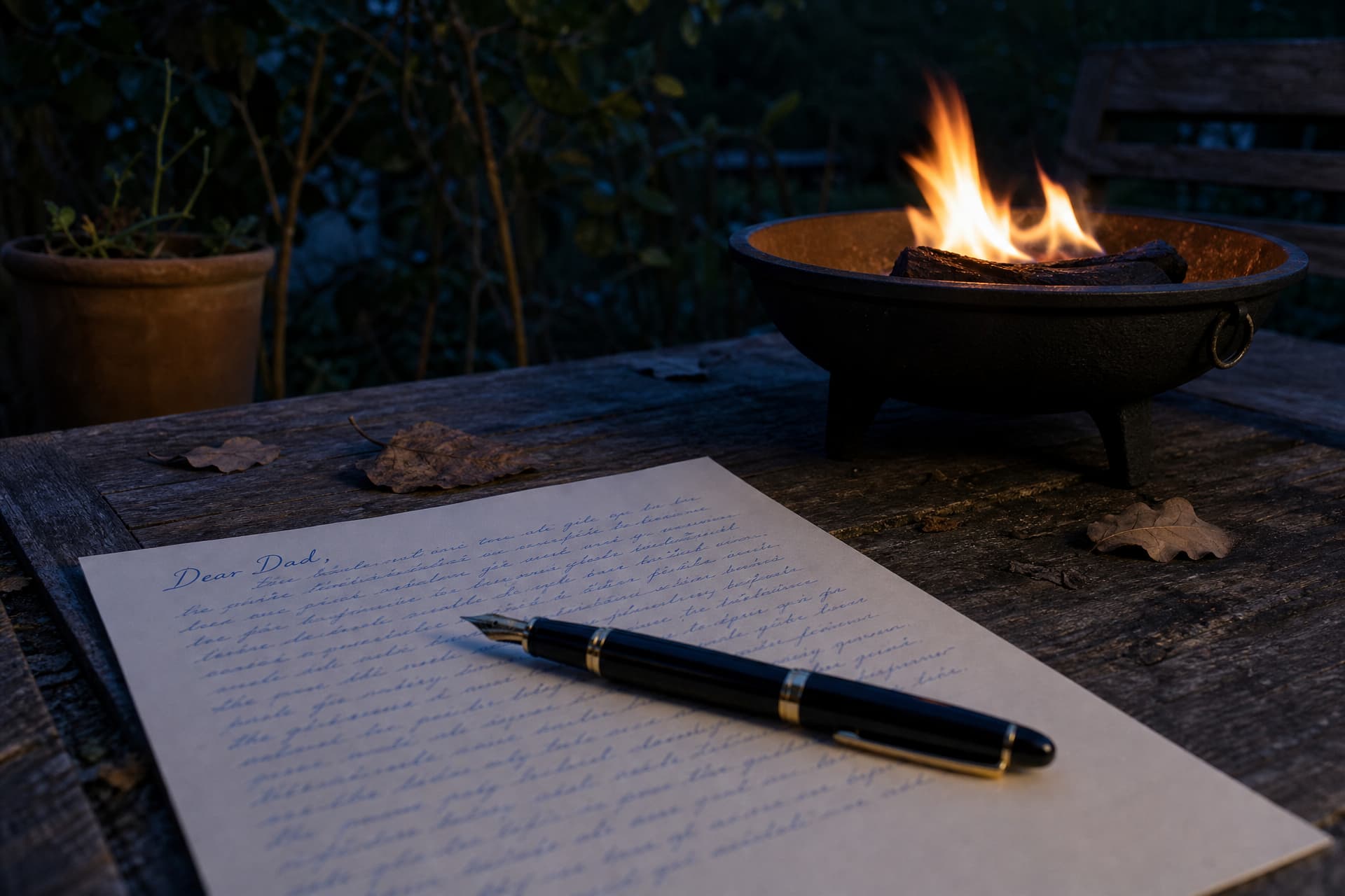 A handwritten letter on cream paper lying on a weathered garden table at dusk beside a small black cast iron fire bowl with a fire burning in it, a fountain pen resting across the page, the visible first line reading Dear Dad