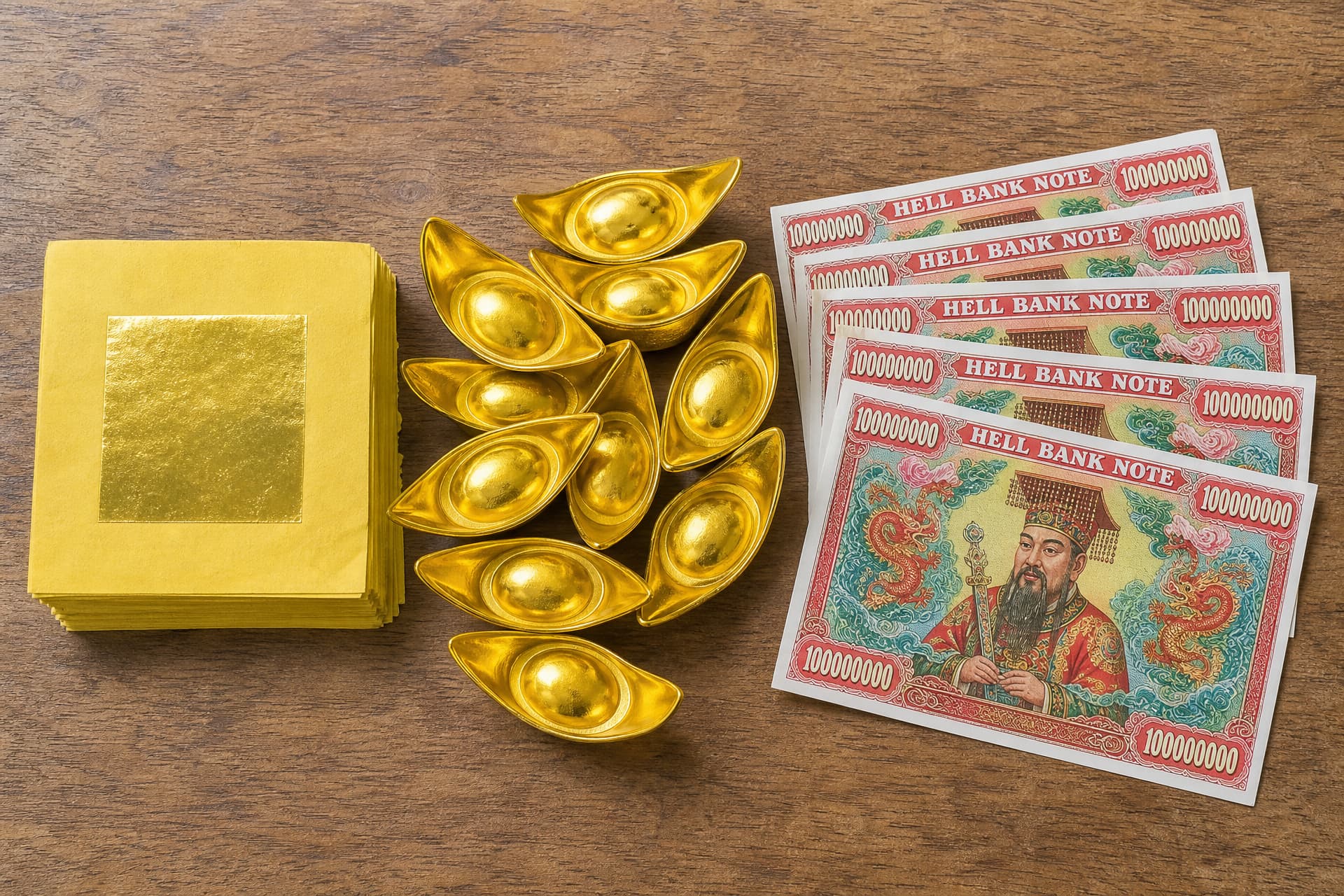 An overhead view of a wooden table laid out with three kinds of paper offering โ a stack of coarse yellow squares each with a square of gold foil in the center, a shallow basket of folded boat-shaped paper ingots, and a fanned pile of large printed banknotes with ornate borders