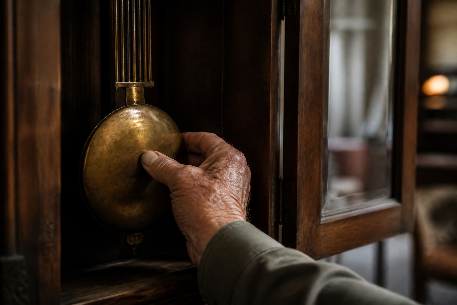 An older person's hand reaching in through the open glass door of a longcase clock to hold the brass pendulum still, in dim light