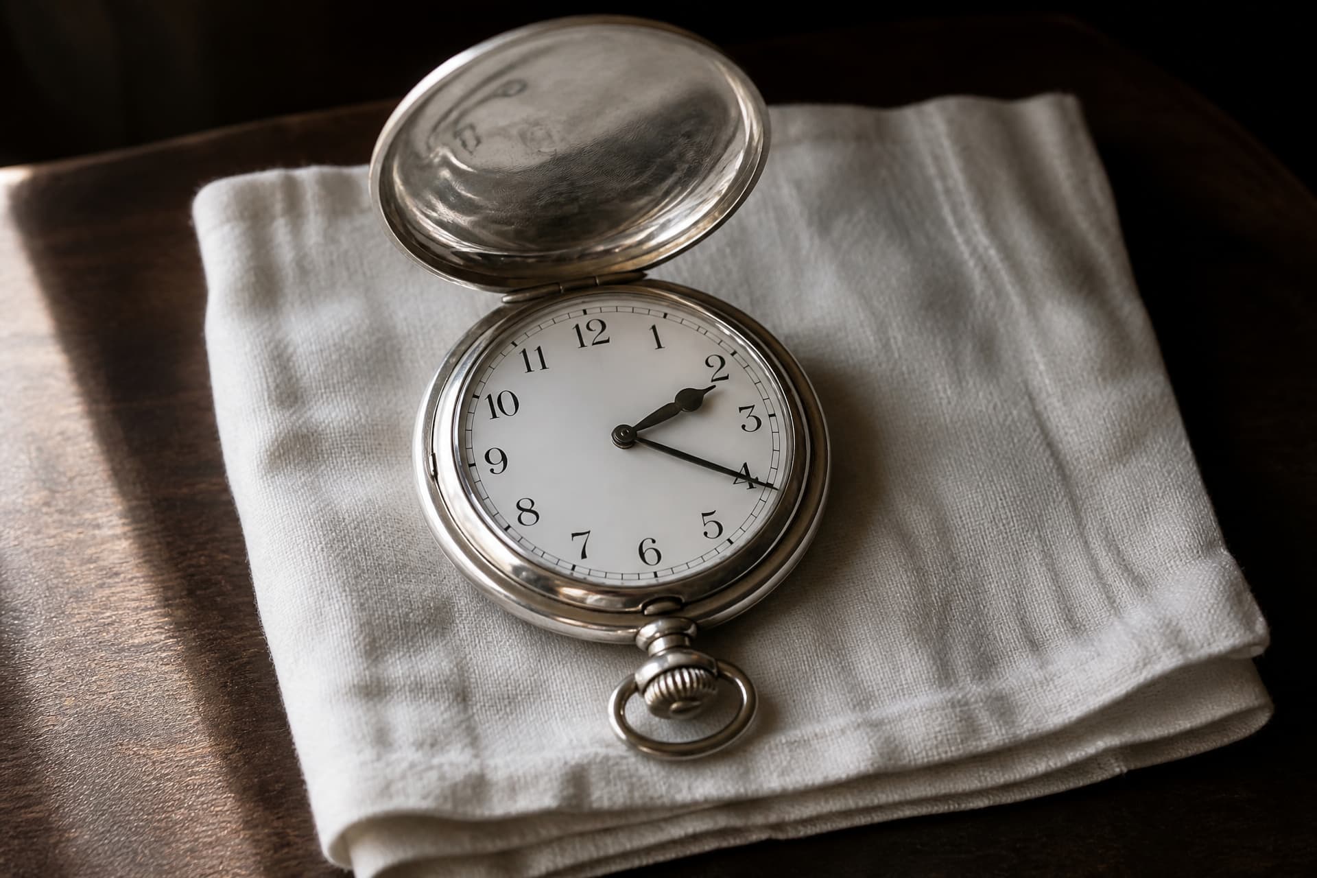 An open silver pocket watch lying on folded white linen on a bedside table, its hands stopped at twenty past two