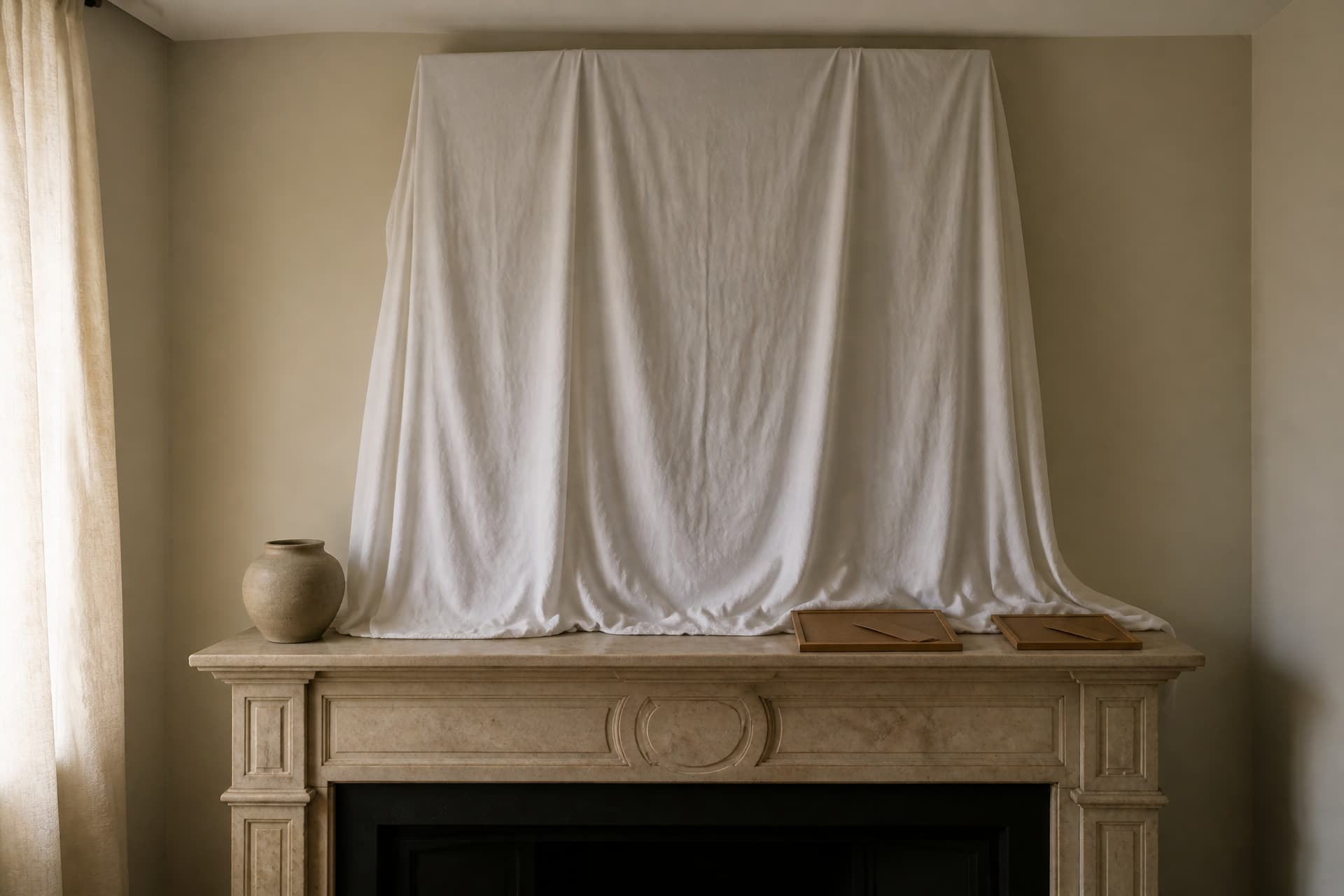 A parlor mantel with a large mirror draped in a white sheet and two photograph frames laid face down beside a vase