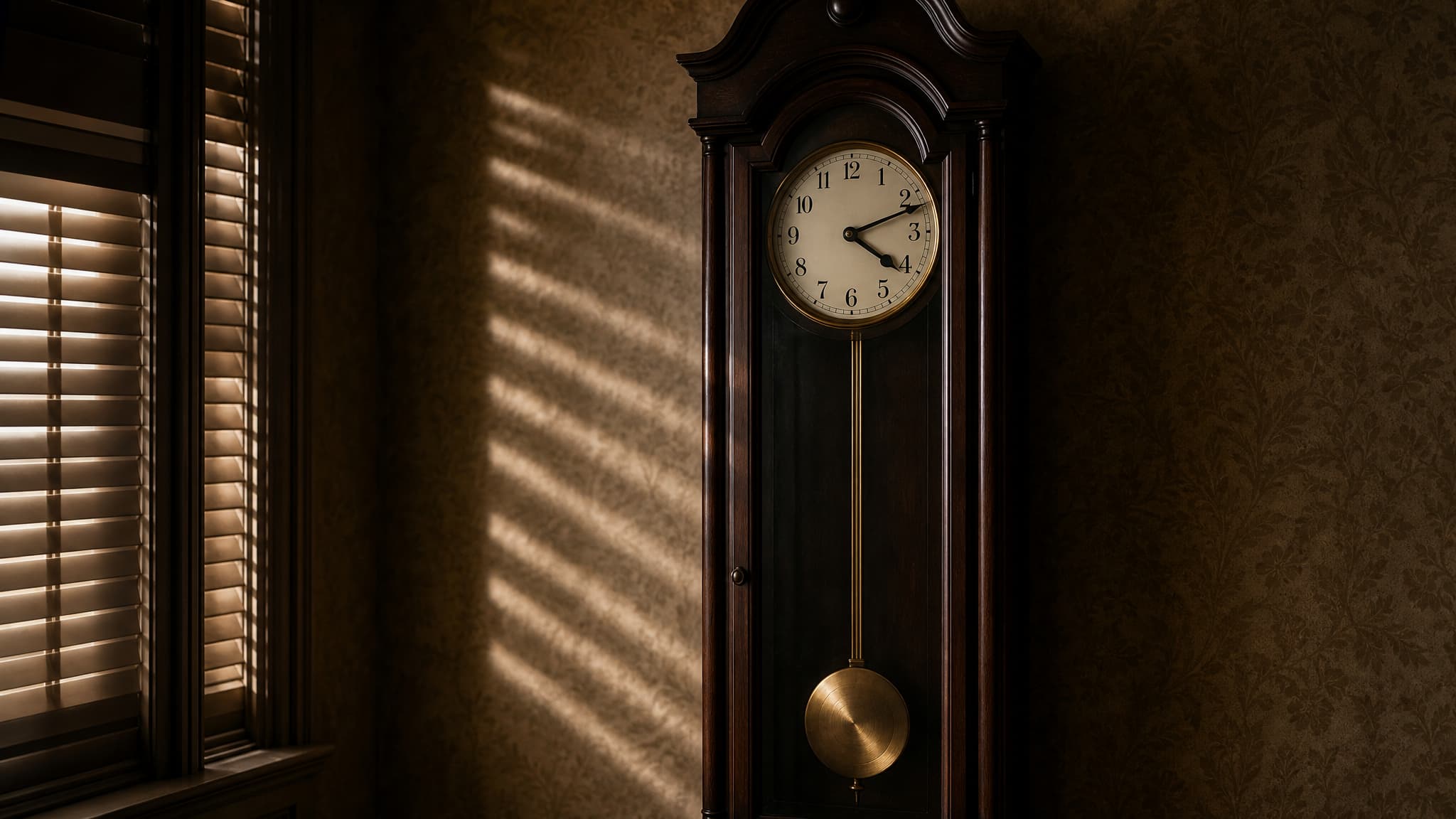 A tall longcase clock standing in a shuttered parlor, its pendulum still and its hands stopped at ten minutes past four