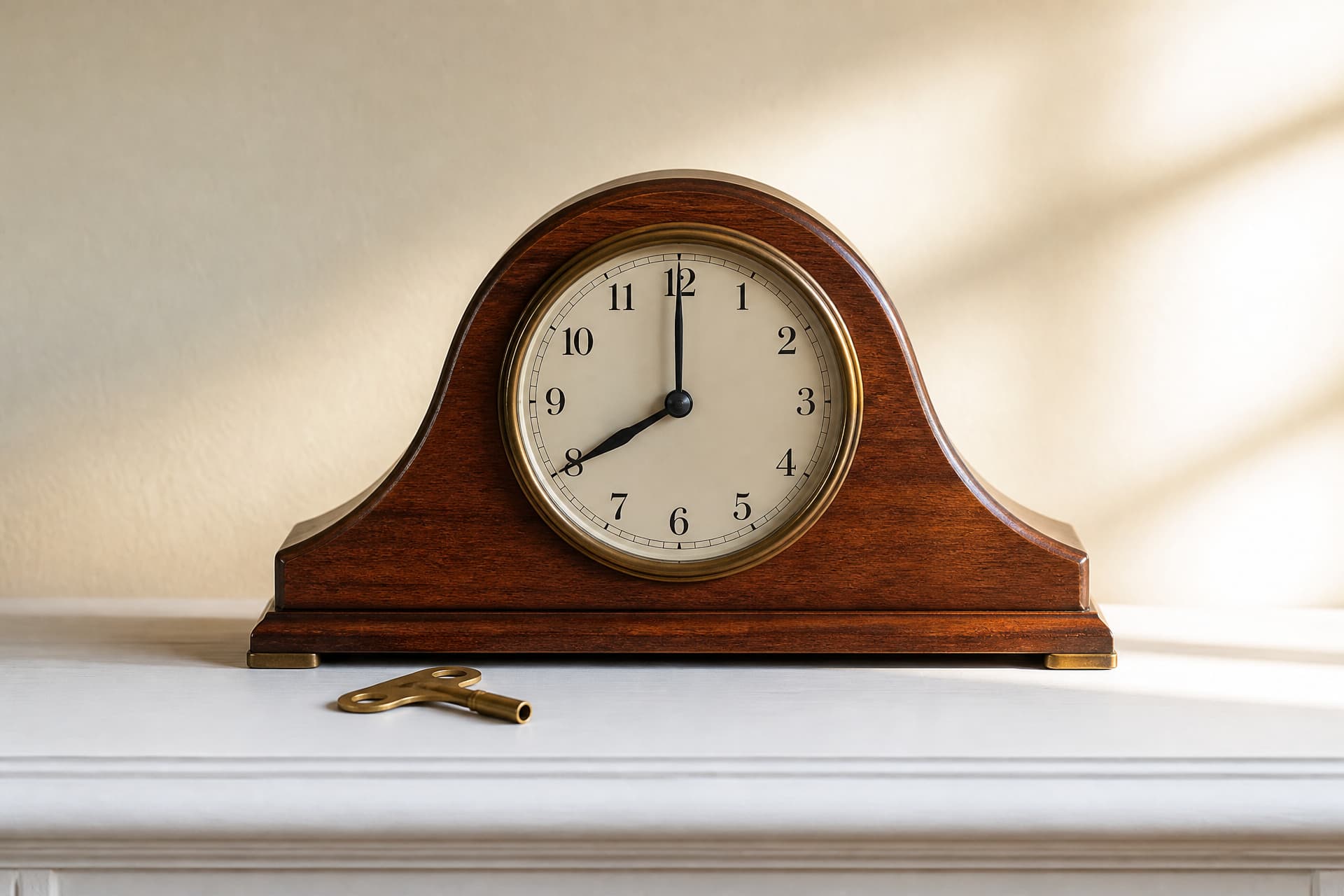 A wooden mantel clock in bright morning light with a small brass winding key resting beside it, the hands set to eight o'clock