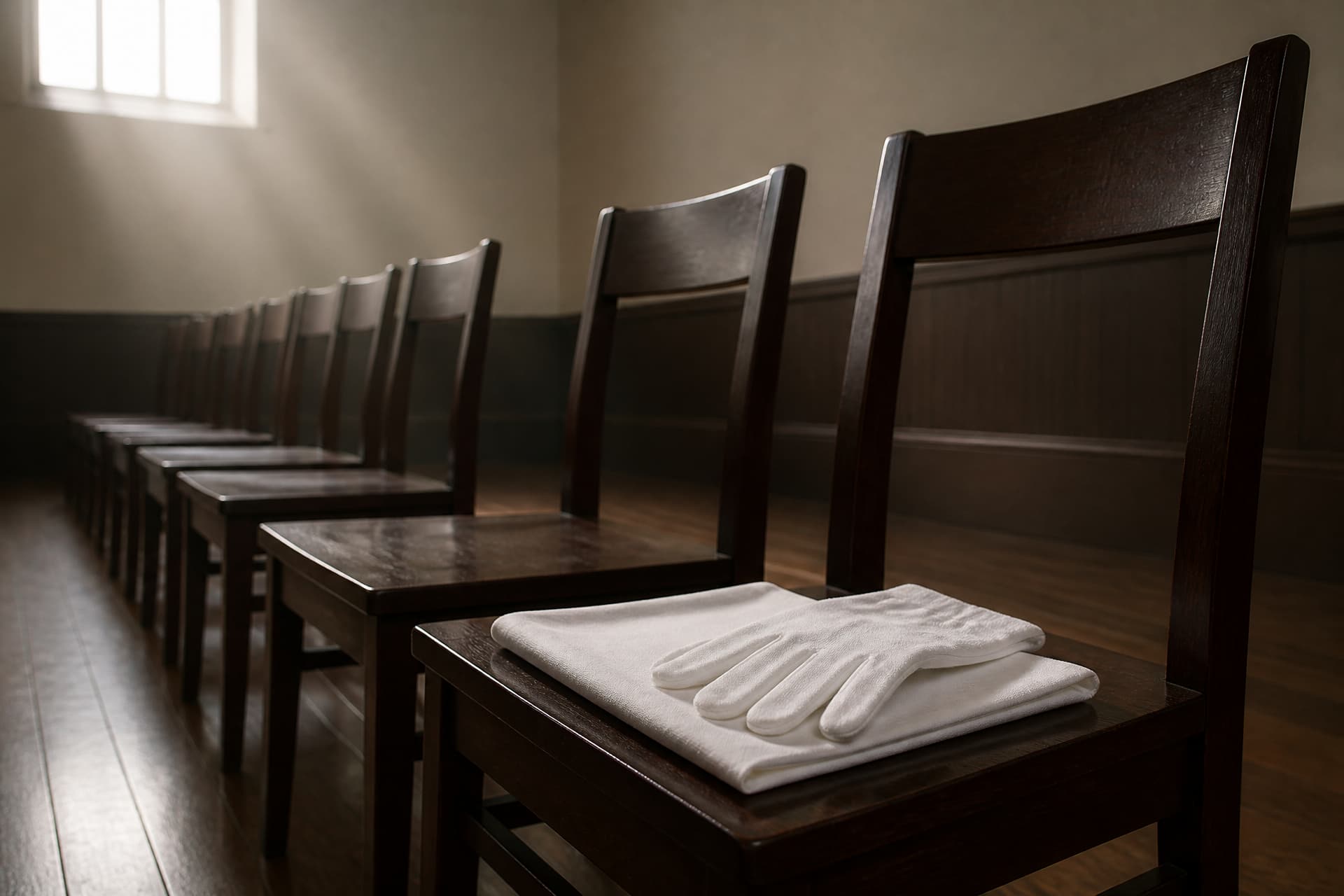 An empty row of dark wooden chairs in a plain hall with a folded white cloth and a single white cotton glove on the nearest seat, lit from a high window