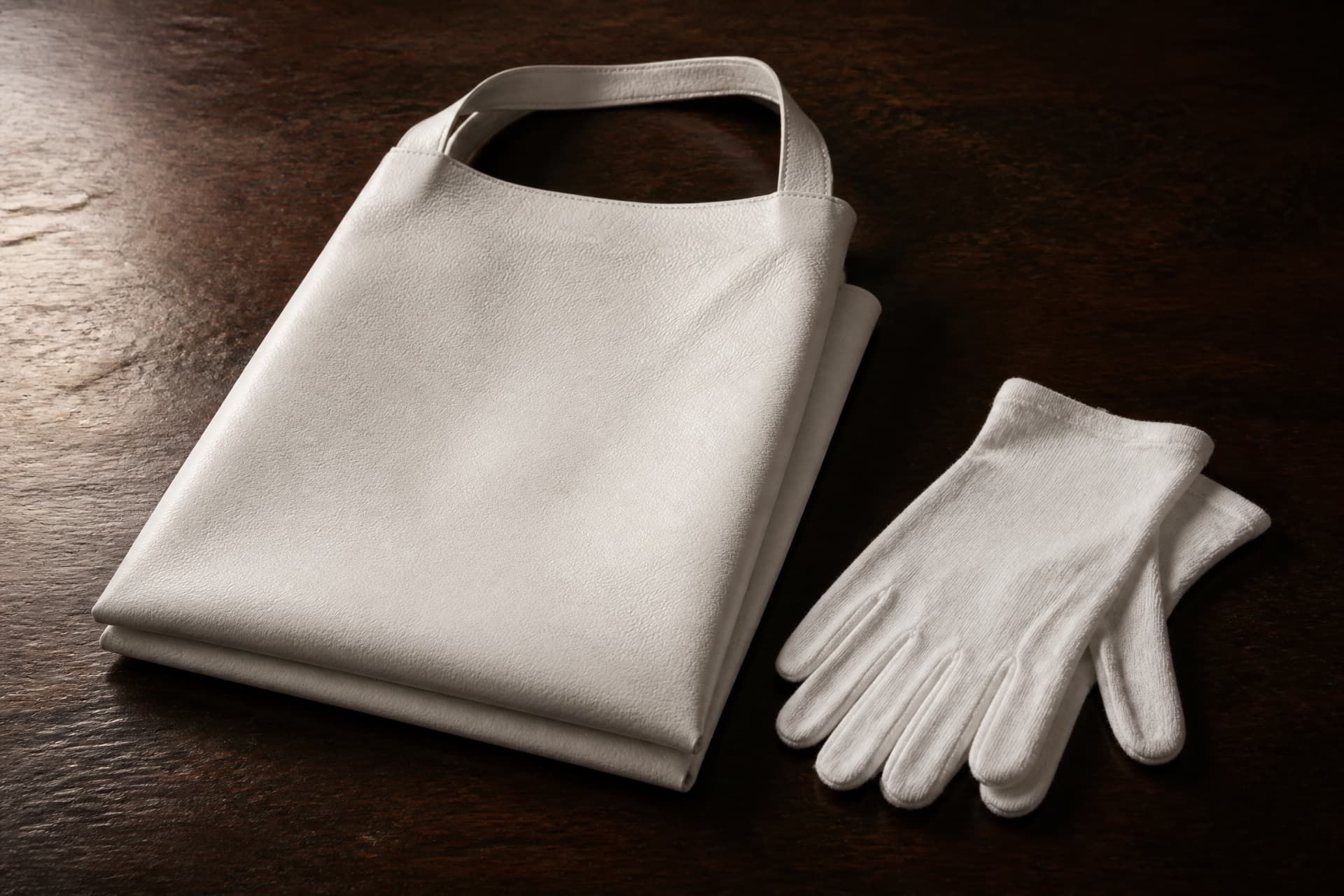 A plain white folded leather apron and a pair of white cotton gloves resting on a dark polished wood table in raking side light