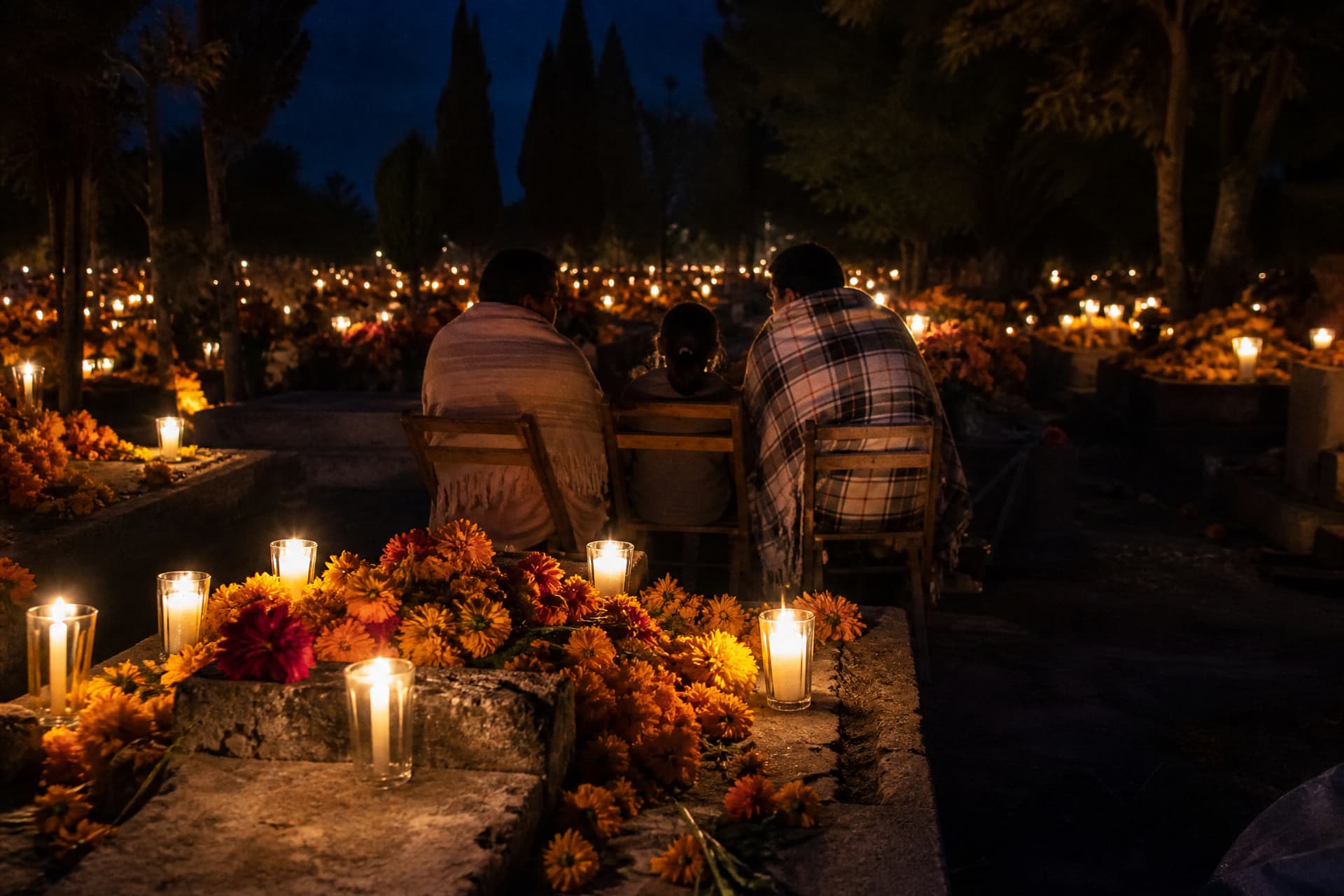 A cemetery at night with dozens of candles burning along the tops of low graves, heaps of orange marigolds on the stone, and a family sitting together in wooden chairs beside one grave, wrapped in blankets and seen from behind, with more candlelight receding into the dark behind