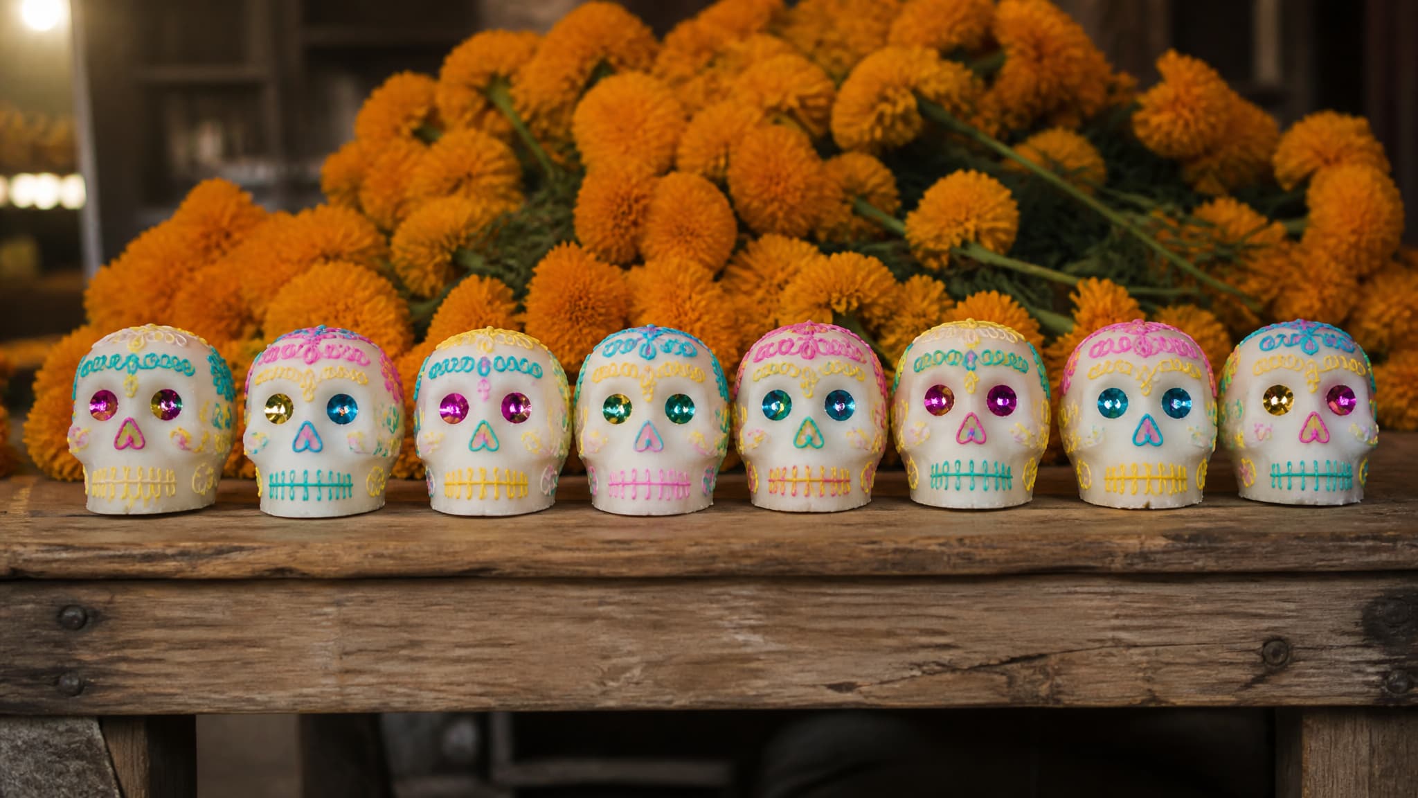 A row of decorated white sugar skulls on a wooden market table, each one painted with bright looping icing, orange marigolds heaped behind them in the soft light of an indoor market