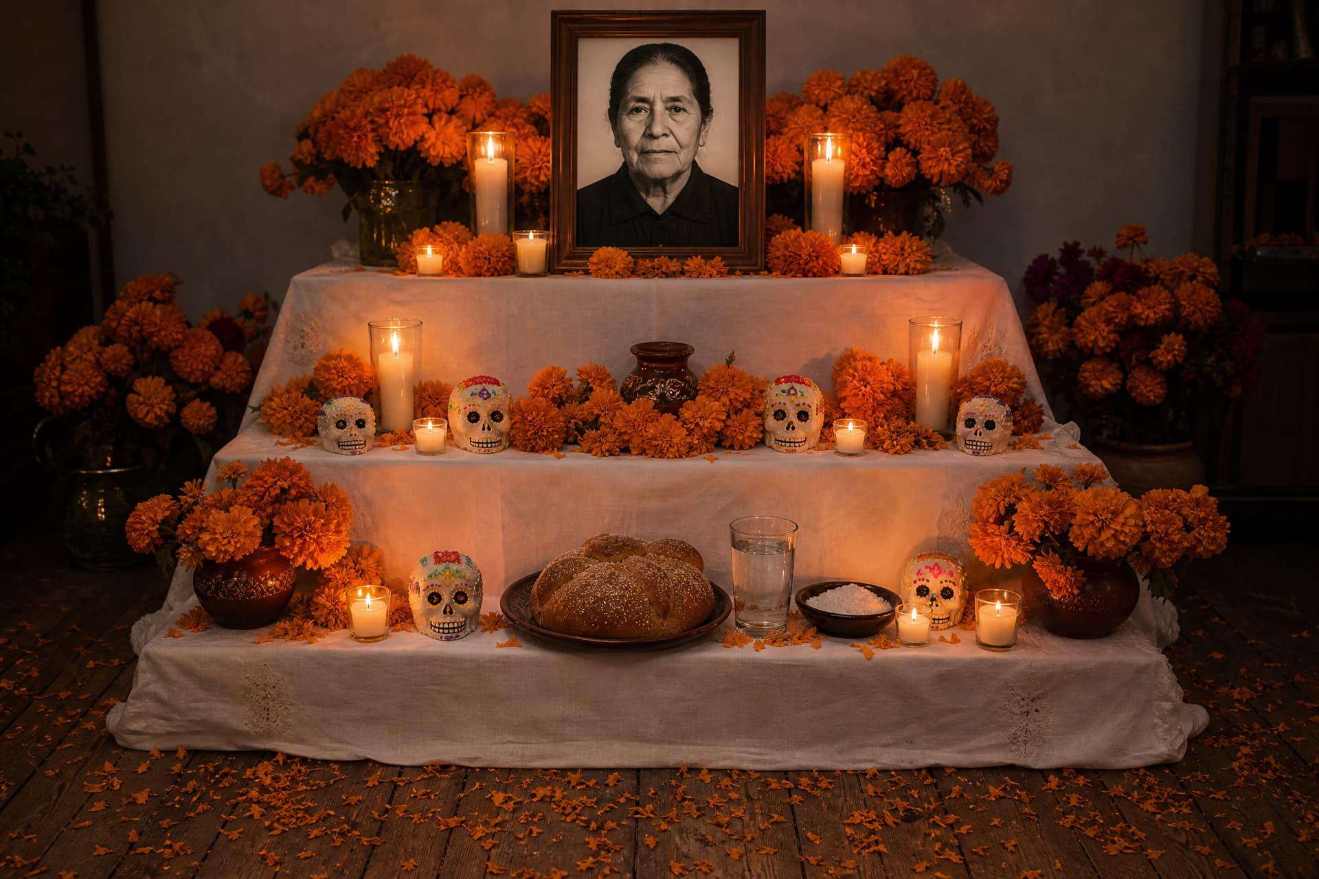 A three-tiered home altar covered in a white cloth, crowded with orange marigolds, lit votive candles, a glass of water, a small dish of salt, a round loaf of pan de muerto and several small decorated sugar skulls, with a framed black-and-white portrait of an older woman standing at the centre of the top tier