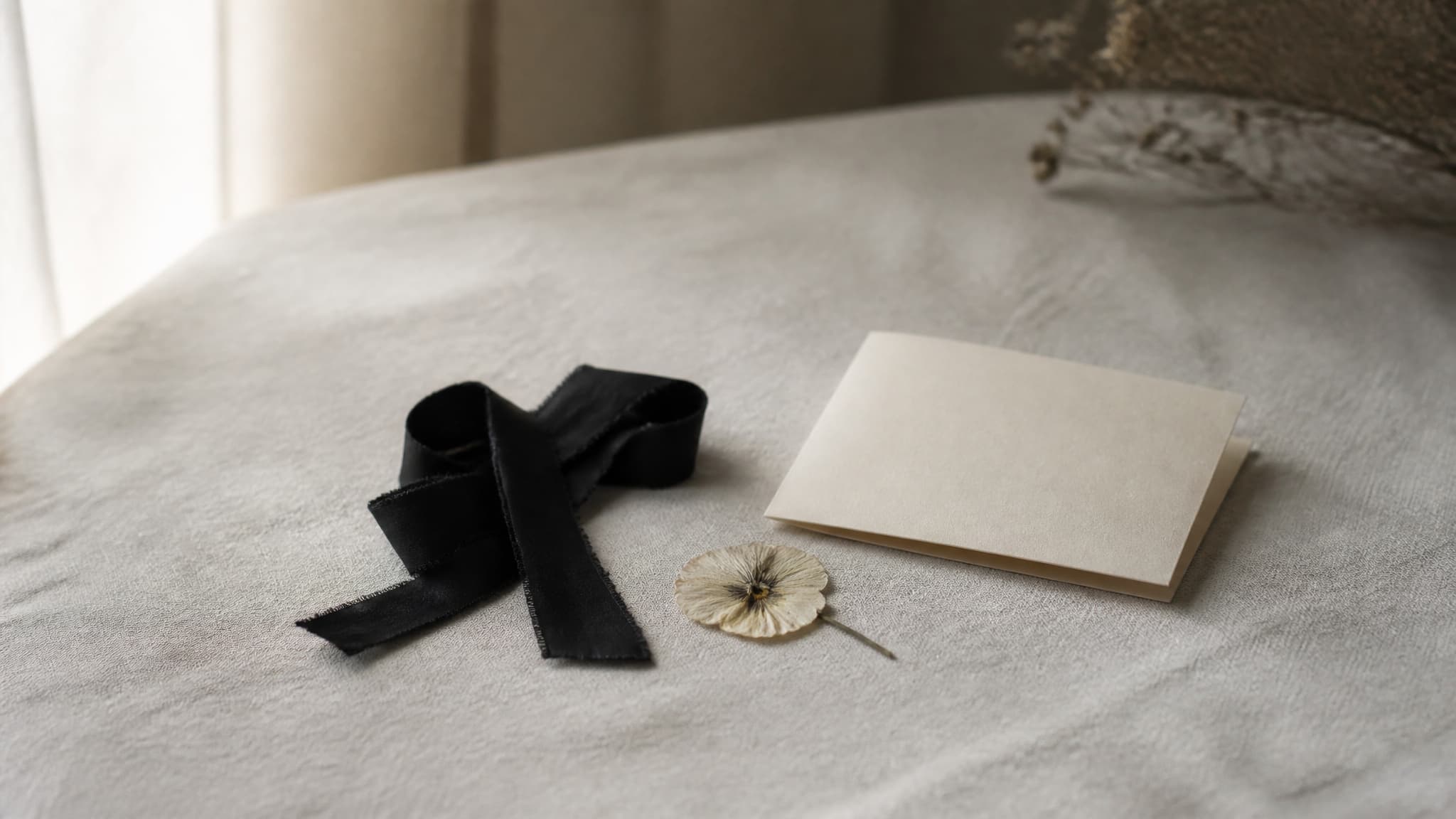 A black ribbon, a pressed flower and a folded card arranged on pale linen in soft window light