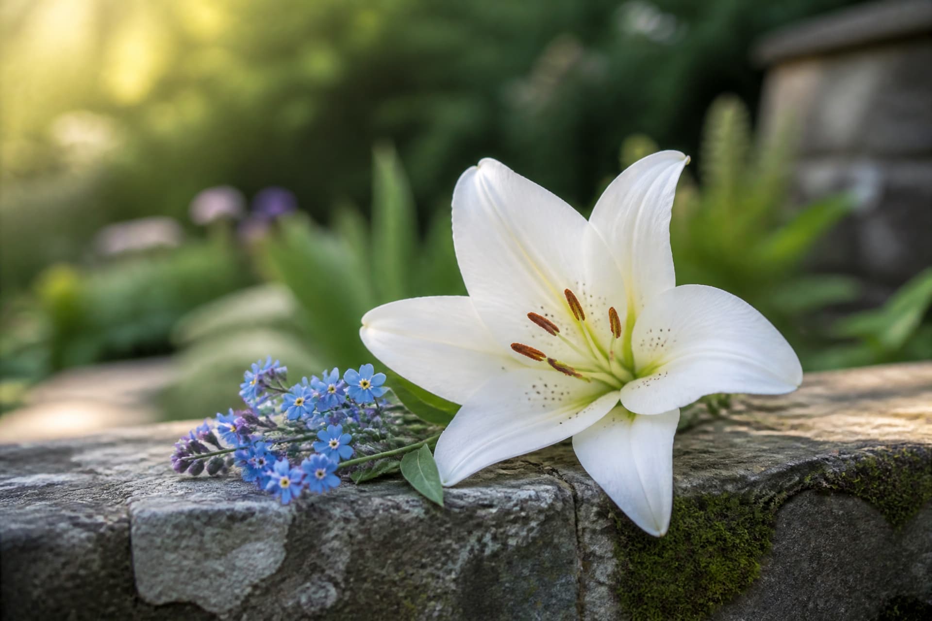 A single white lily and a sprig of forget-me-nots resting on a weathered stone ledge in a quiet garden