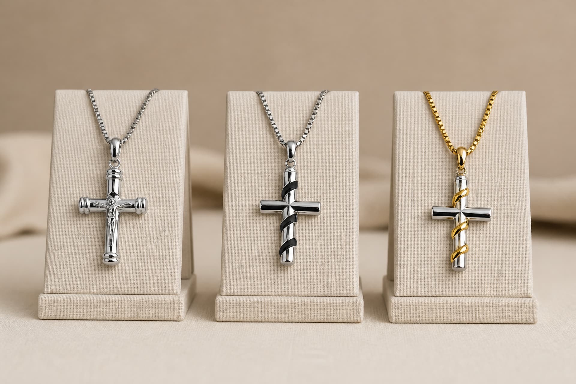 Three cross-shaped cremation pendants, each hanging on its own cream fabric display easel in a row on a pale linen surface